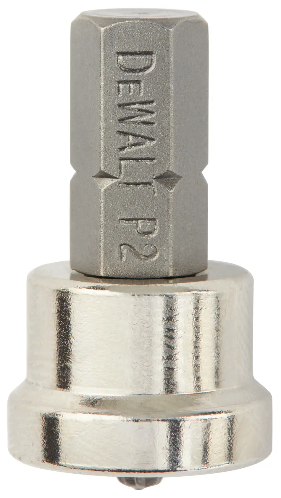A close-up image of a DEWALT P2 screwdriver bit with a metallic hex base and engraved lettering.