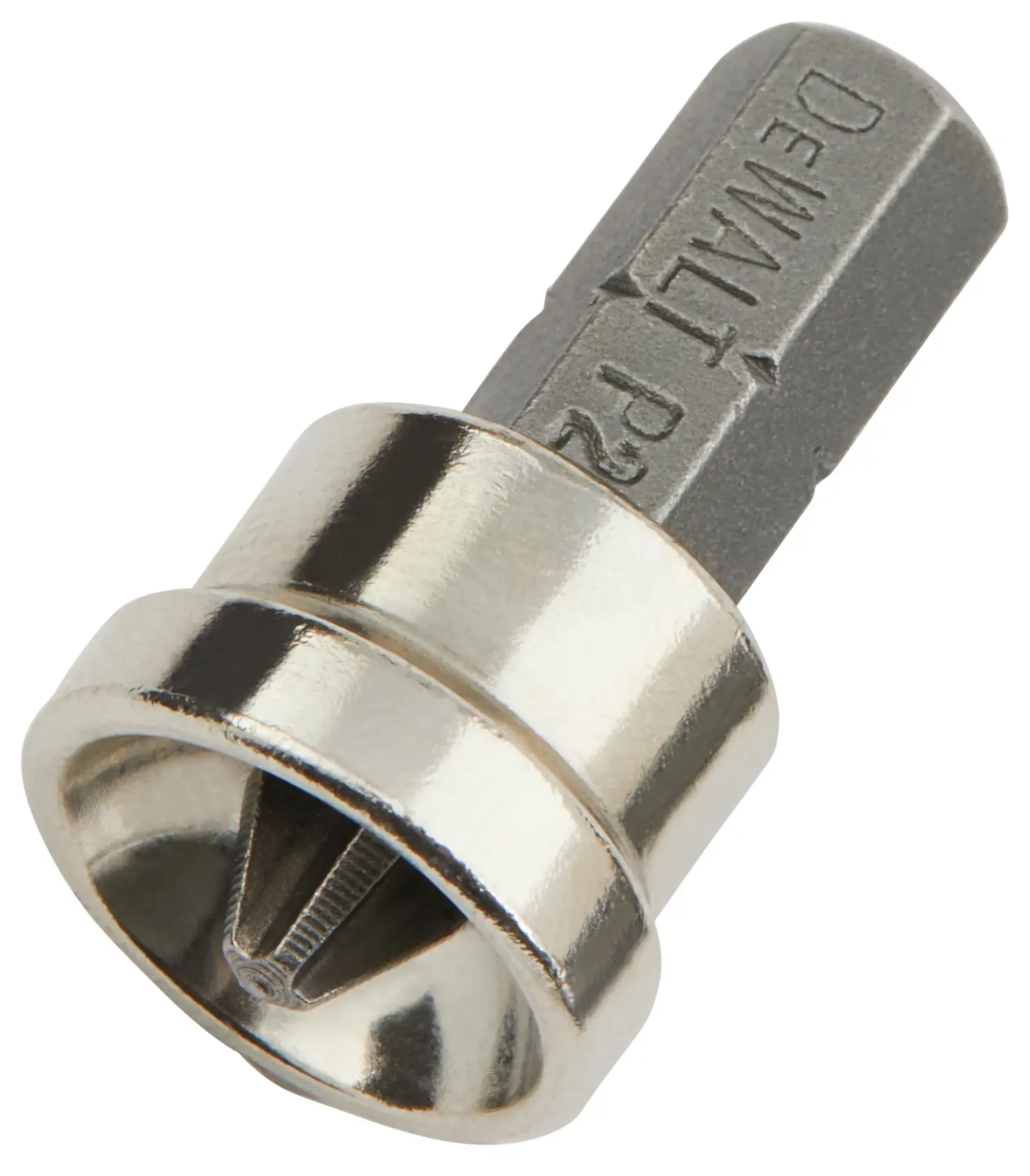Close-up image of a DEWALT Phillips screwdriver bit with a metallic finish, showing the tip and hex shank.