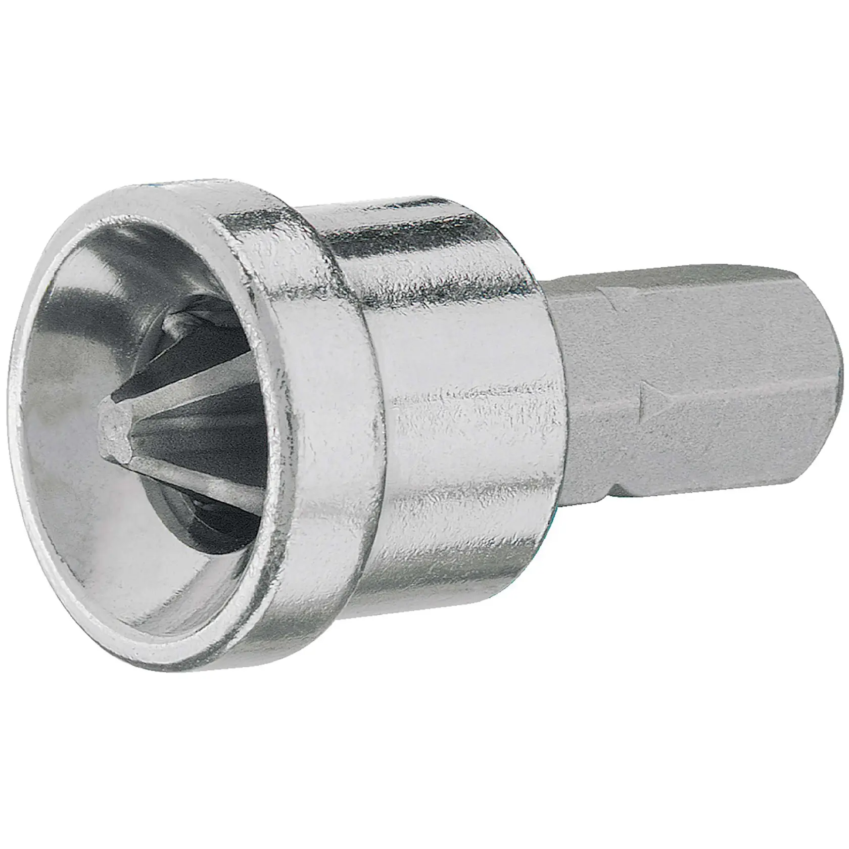 A close-up view of a metallic DEWALT screwdriver bit holder with a hexagonal shank and inner gripping fins, designed for use with power tools.