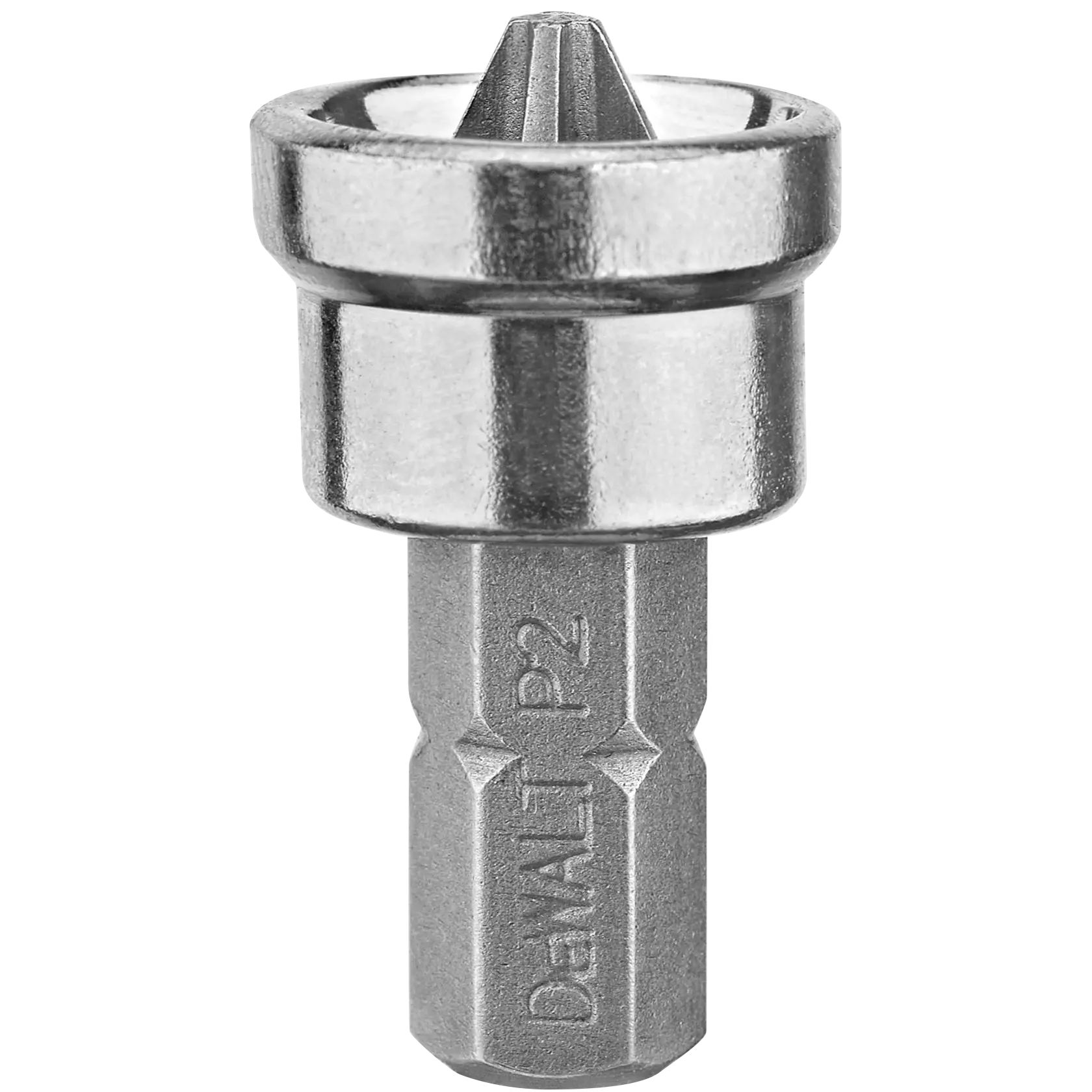 A close-up image of a DEWALT branded Phillips screwdriver bit with a metallic finish. The bit is marked with 'DEWALT P2' and features a hexagonal base for easy attachment to power tools.