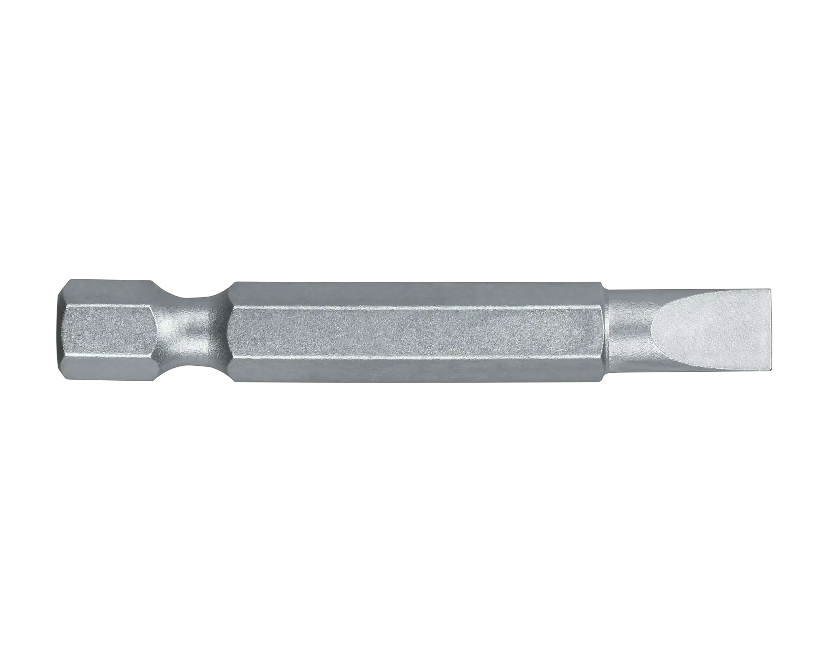 A close-up image of a silver flathead screwdriver bit with a hexagonal shank, designed for use with power tools.