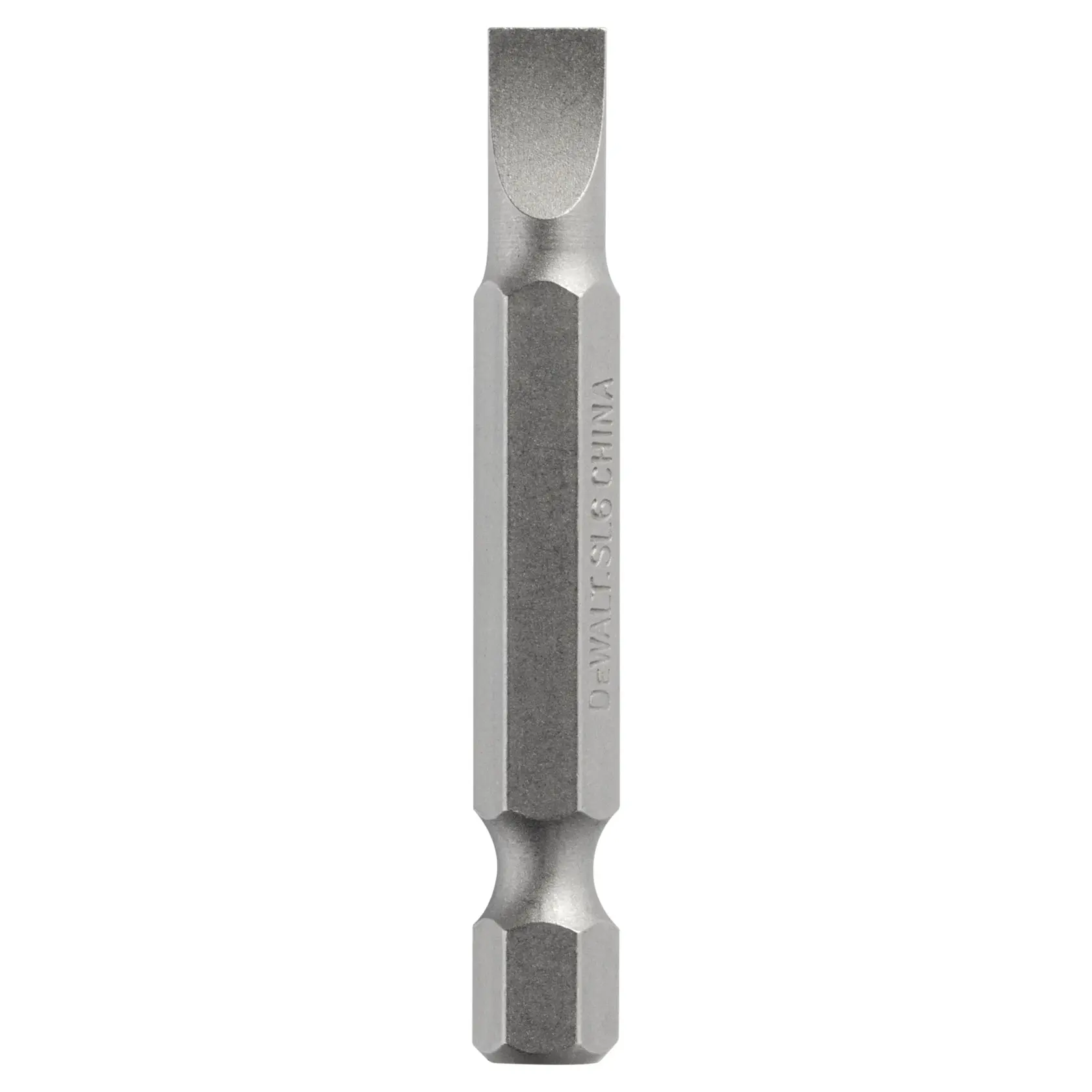 A single DEWALT brand slotted screwdriver bit with a hex shank, silver in color, displayed vertically on a white background.