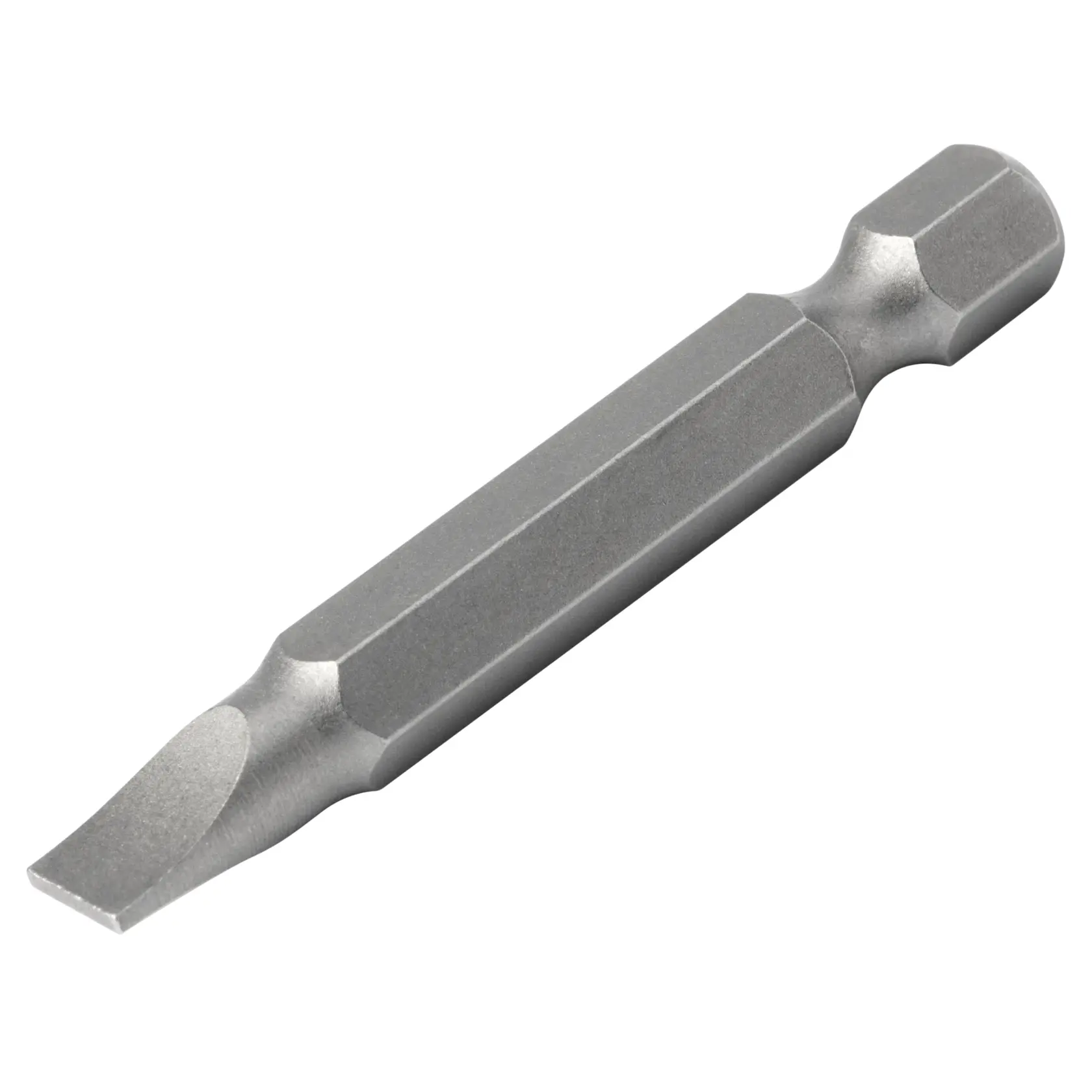 A close-up image of a metal slotted screwdriver bit with a hexagonal base, designed for use with power tools.