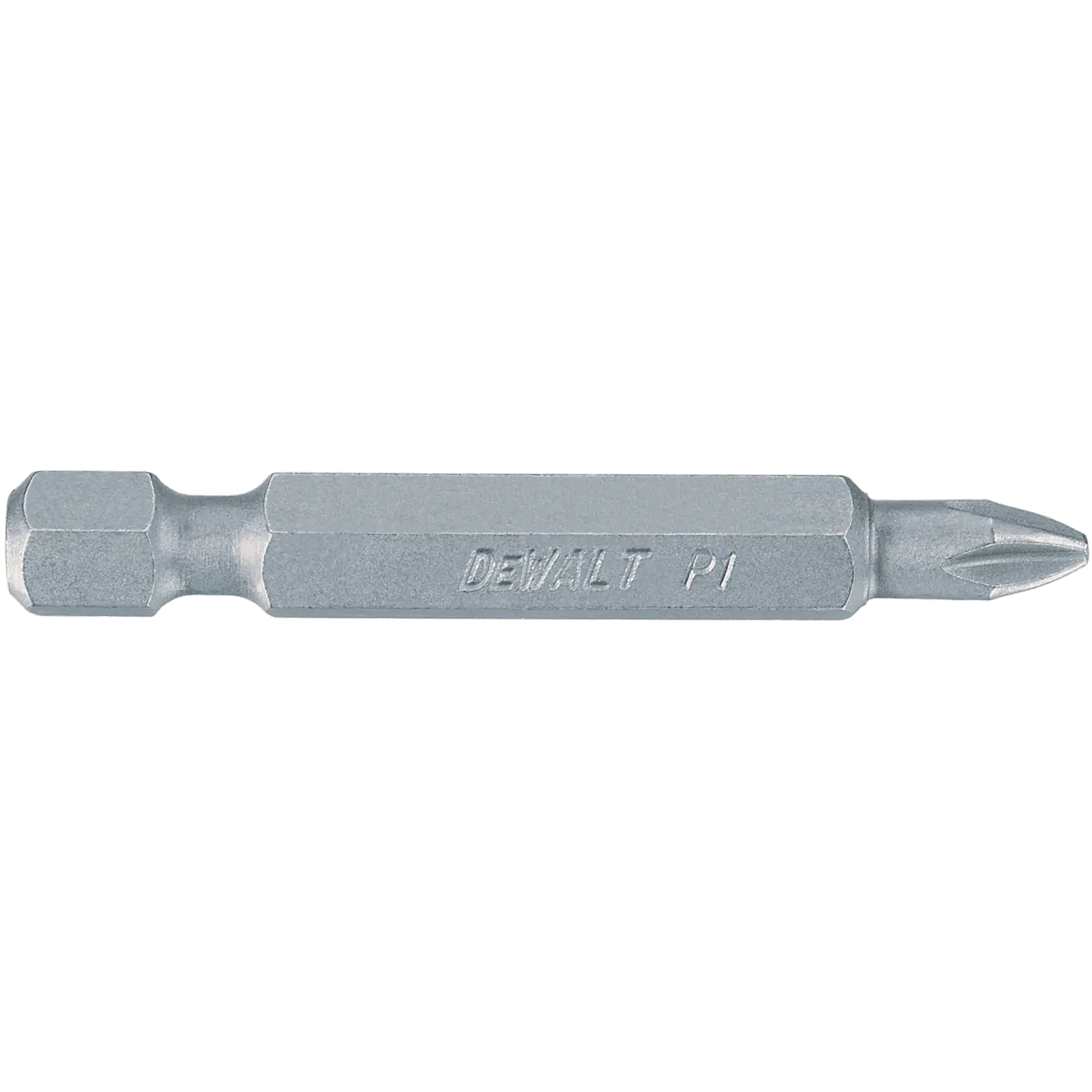 A silver-colored DEWALT Phillips screwdriver bit with a hexagonal base and the inscription 'DEWALT P1' engraved on its shaft.