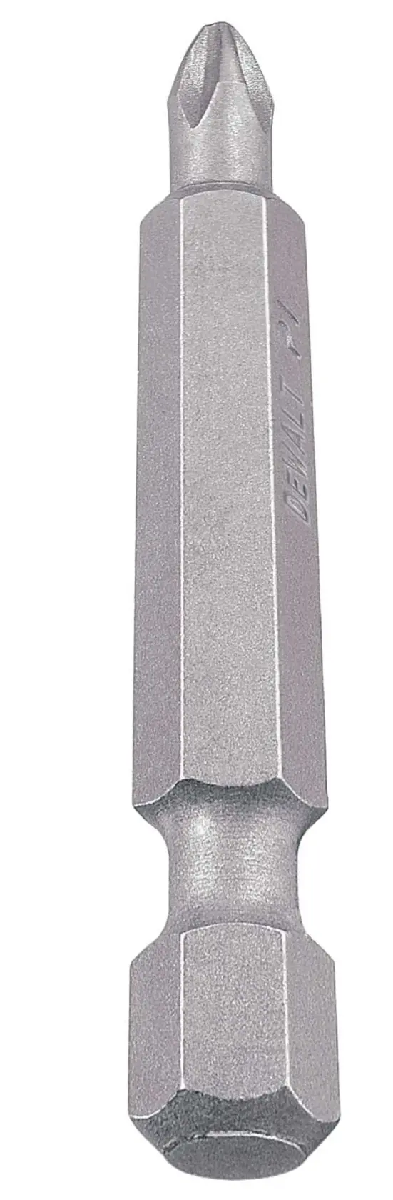 A single silver-colored Phillips screwdriver bit with a hexagonal shaft, isolated on a white background.