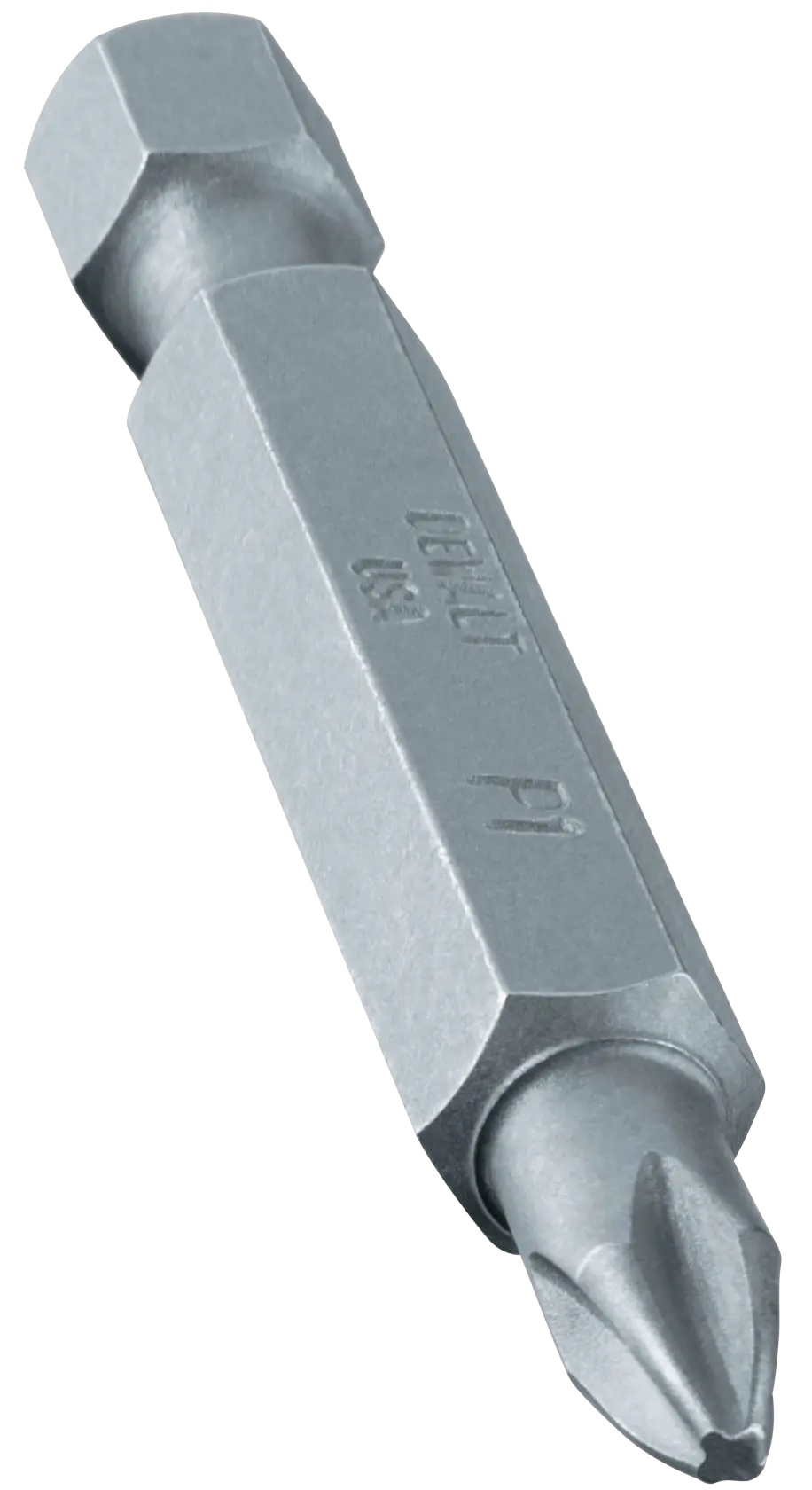 A close-up view of a DEWALT Phillips screwdriver bit with a hexagonal shank and a pointed Phillips tip, used for driving screws.