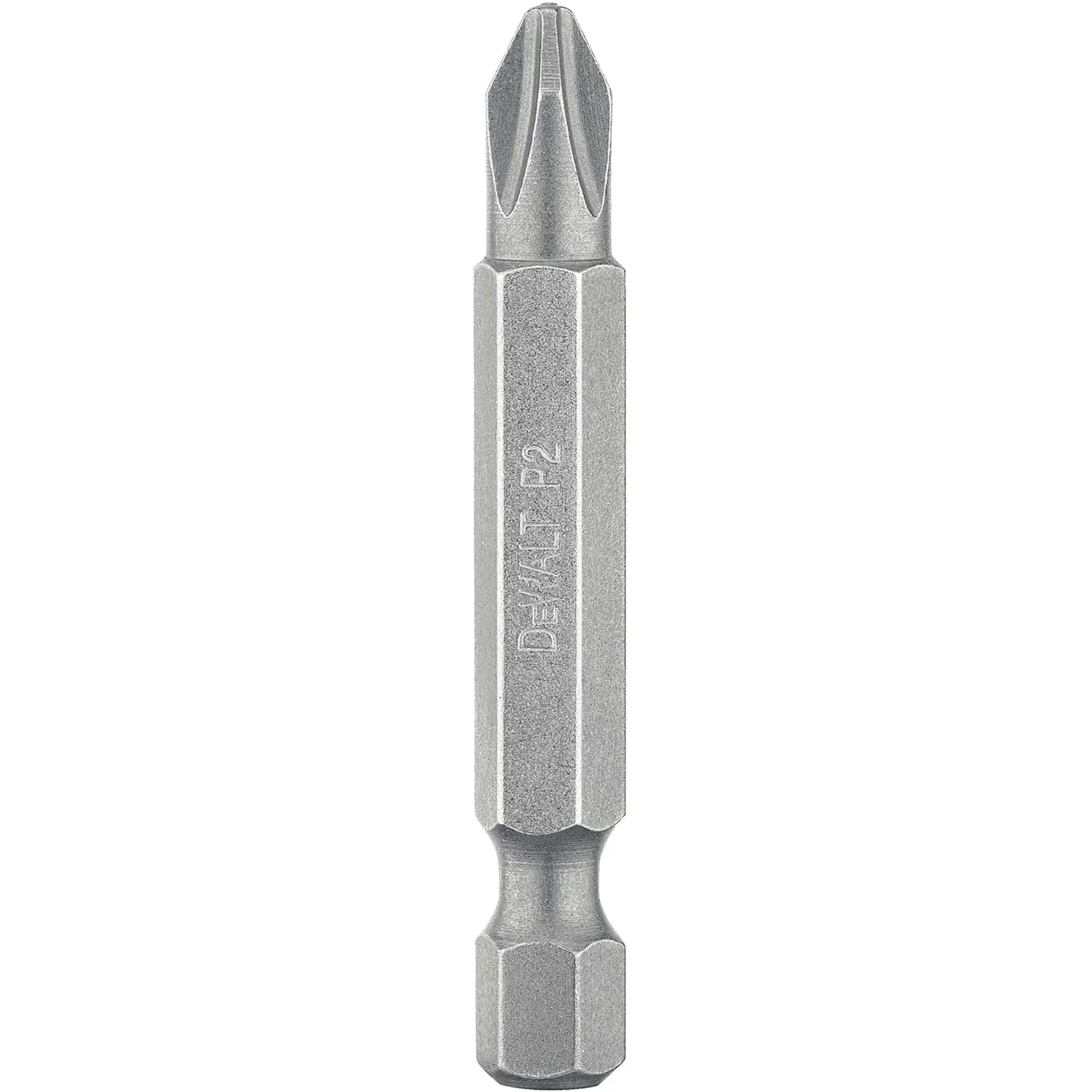 A close-up image of a DEWALT Phillips screwdriver bit with a hexagonal shank and 'DEWALT P2' engraved on its side.