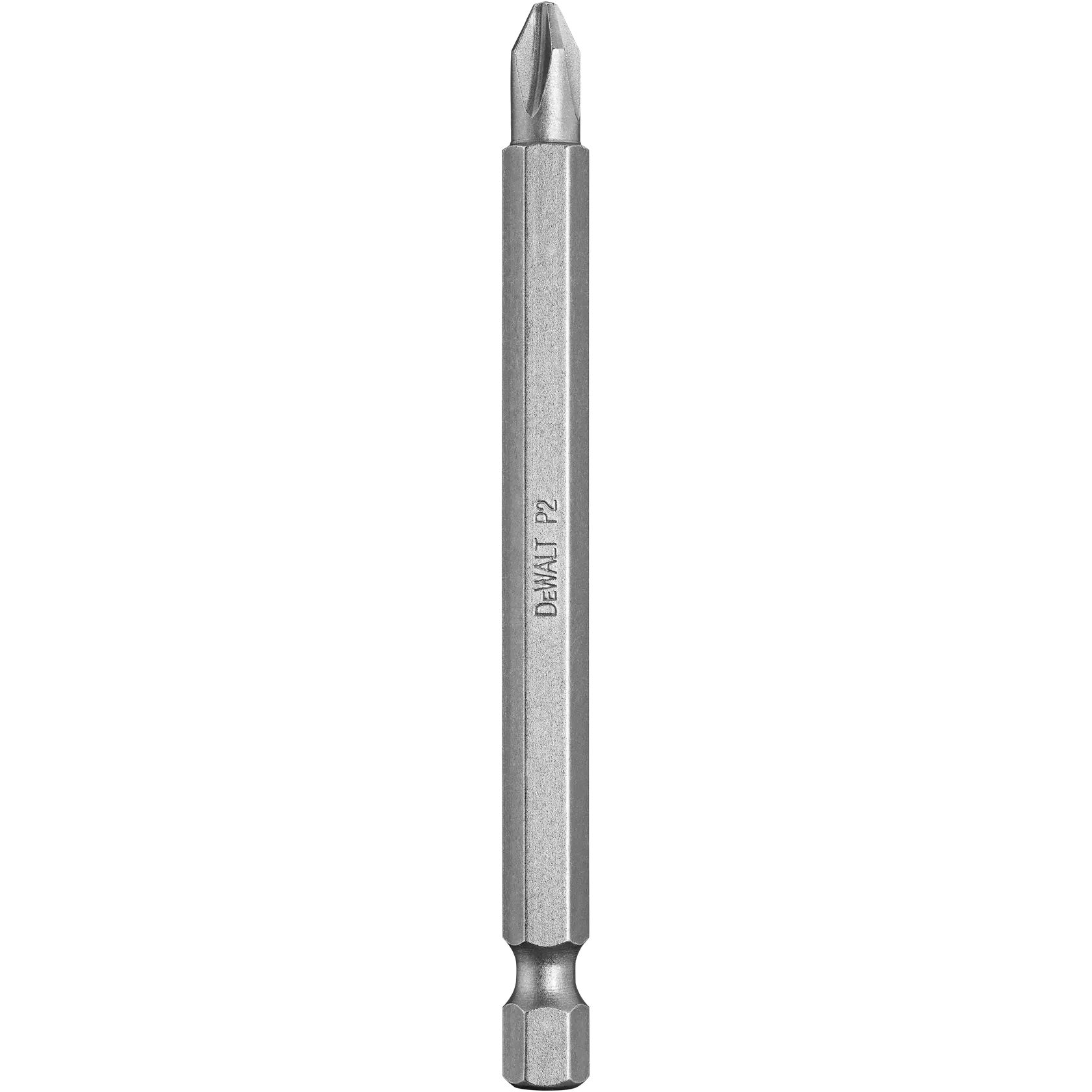 A DEWALT Phillips screwdriver bit with hex shank, labeled P2, shown vertically against a white background.