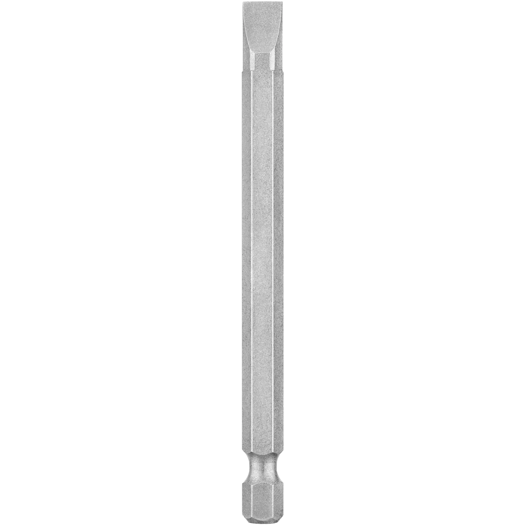 A metal slotted screwdriver bit for a drill, shown upright against a white background.