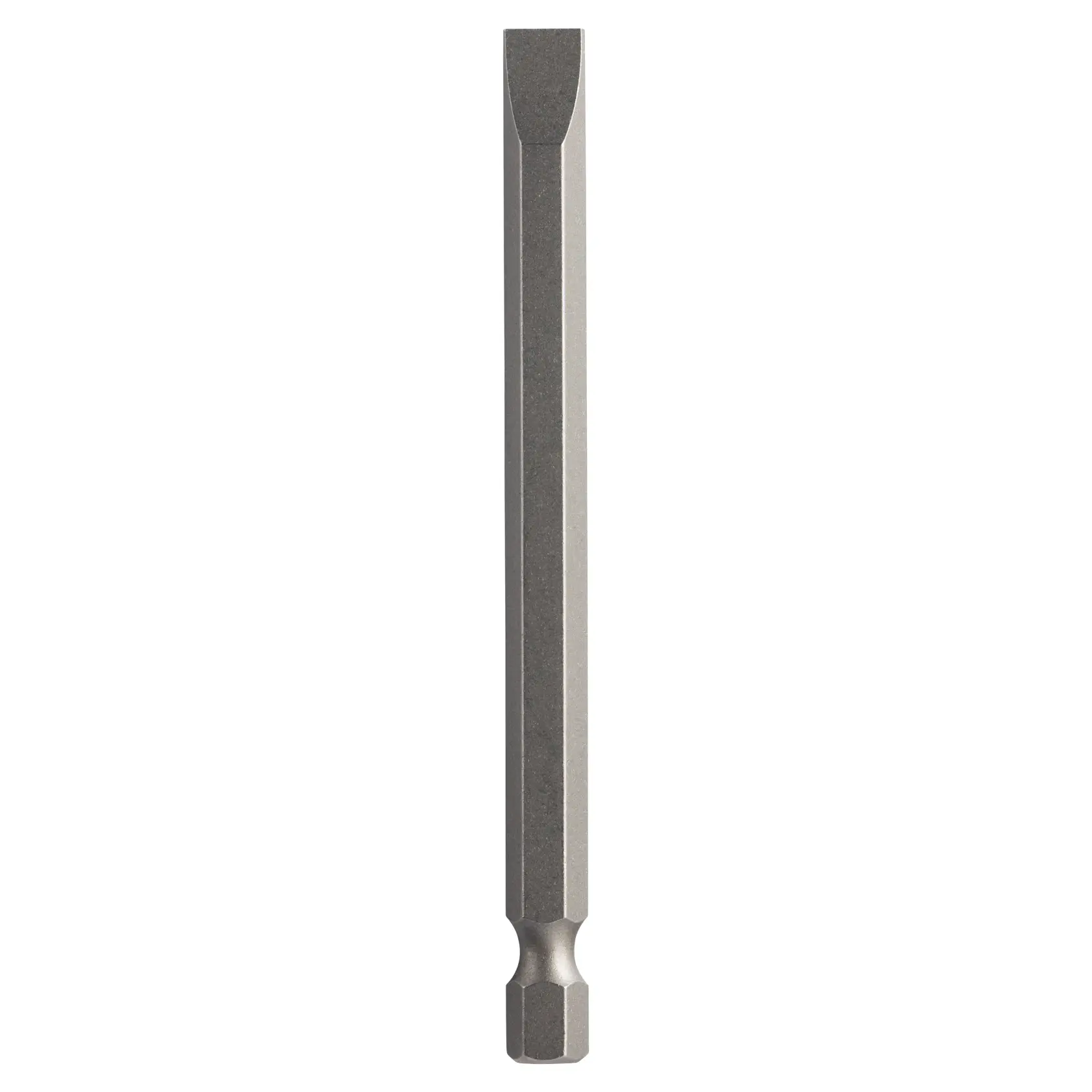 A single flathead screwdriver bit with a hex shank, shown vertically against a white background.
