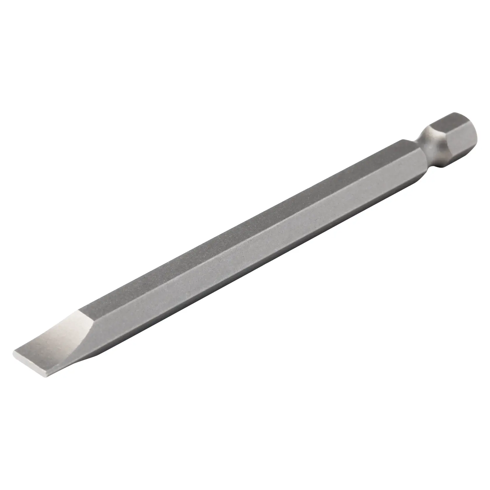 A DEWALT hex shank flathead screwdriver bit, metallic and elongated, designed for use with power drills or drivers.