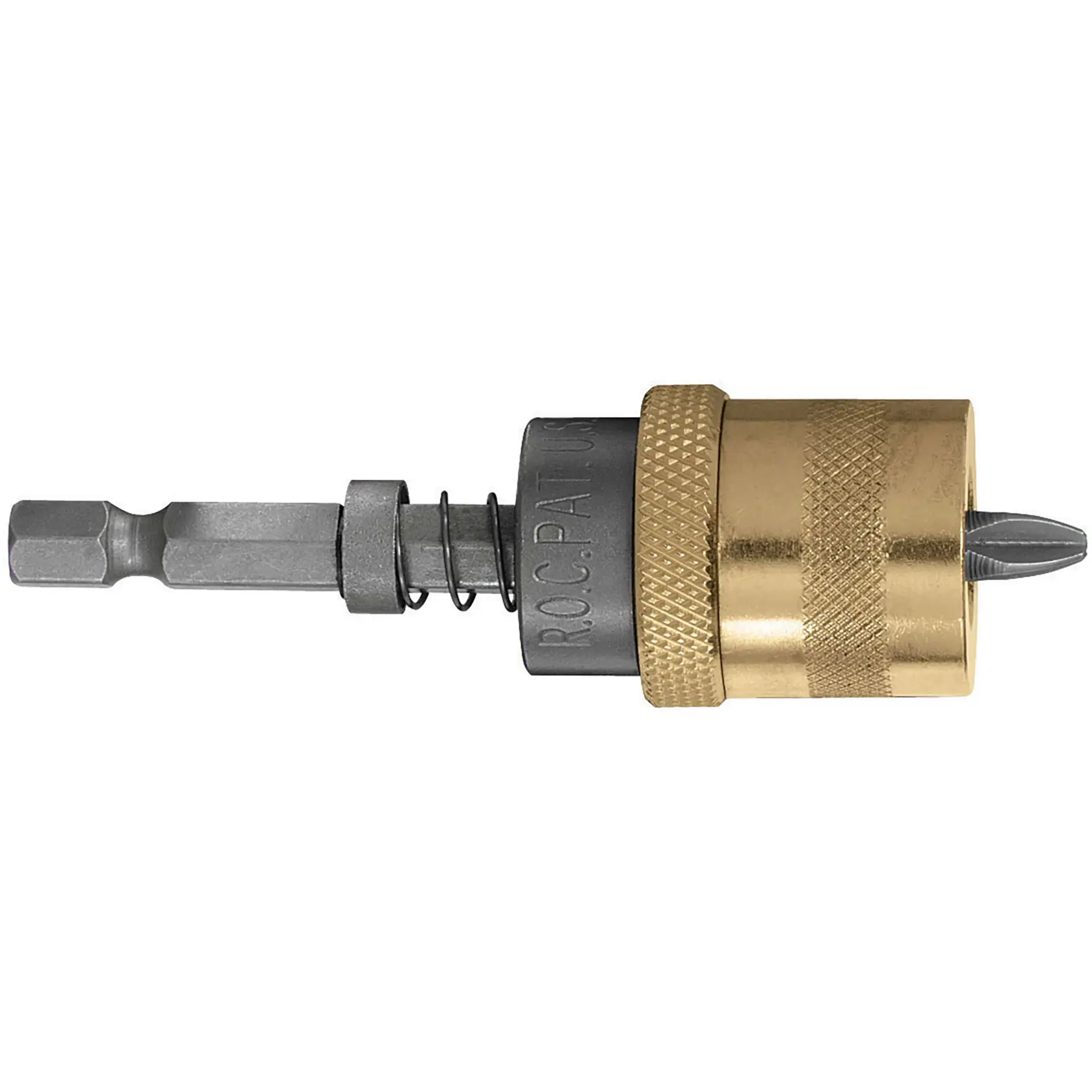 A close-up image of a DEWALT DW2043 photography tool accessory. It features a metal shaft with a spring mechanism, attached to a brass-colored cylindrical holder and a screwdriver bit at the end.