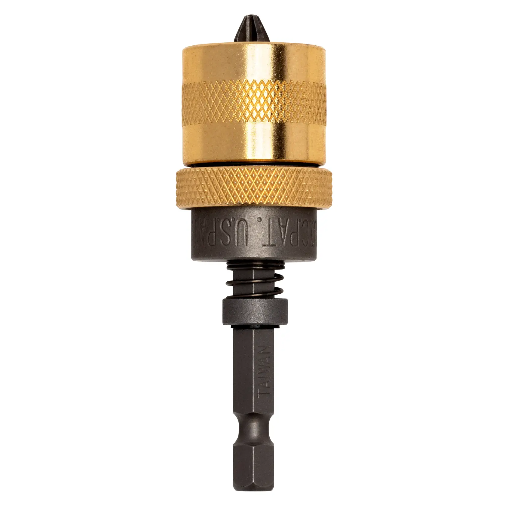 A close-up image of a DEWALT DW2043 metal bit holder with gold and black knurled grips, used for securing drill bits.