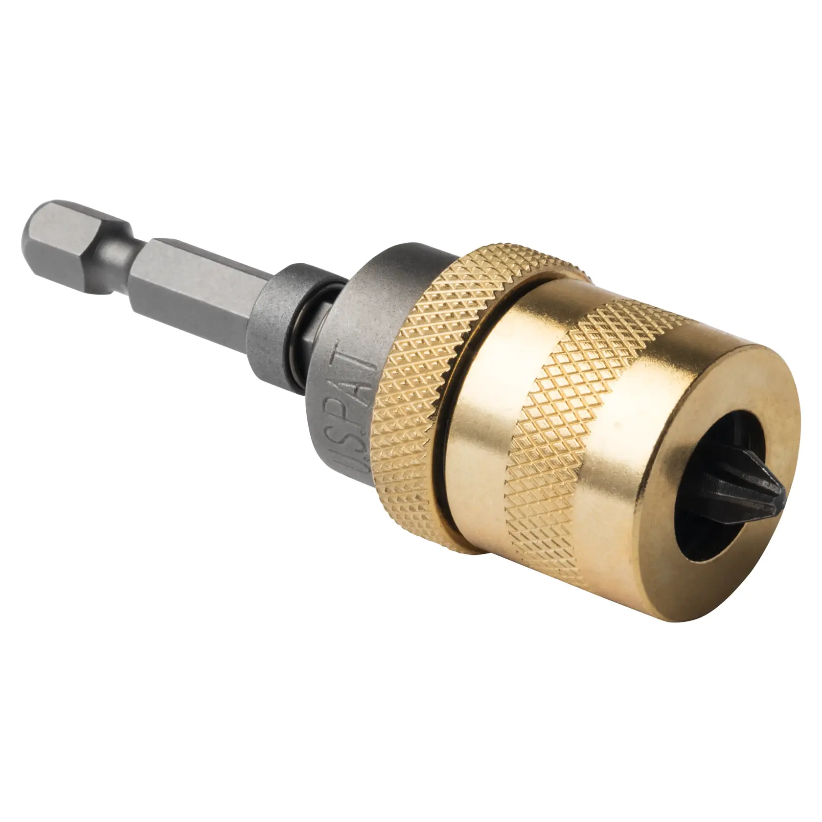 A close-up image of a DEWALT DW2043 photography accessory. The item is a metal quick-change bit holder with a gold and gray finish, used for securely attaching screwdriver bits.