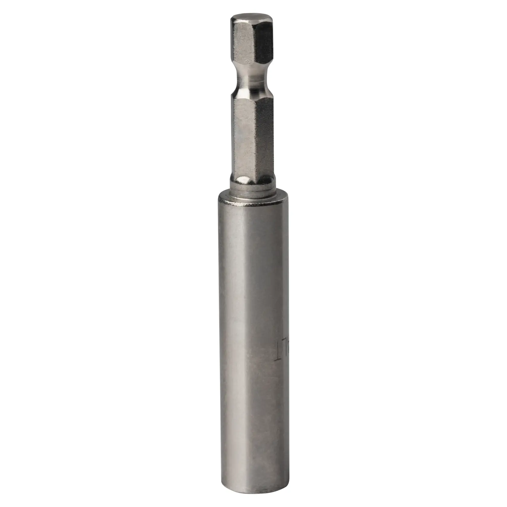 A close-up image of a metallic drill bit holder with a hex shank, commonly used with power drills.