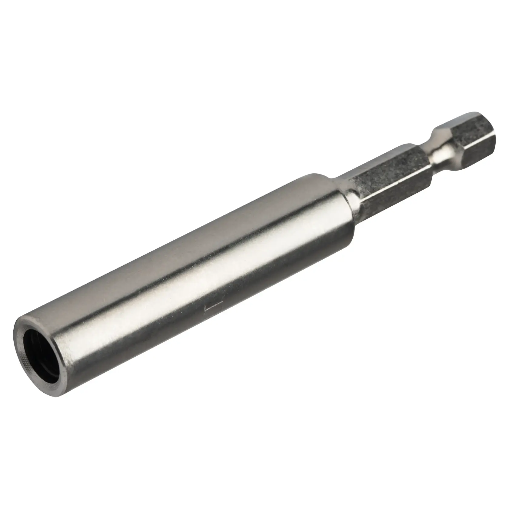 A close-up image of a metal drill bit holder with a hexagonal shank, designed for use with power tools.