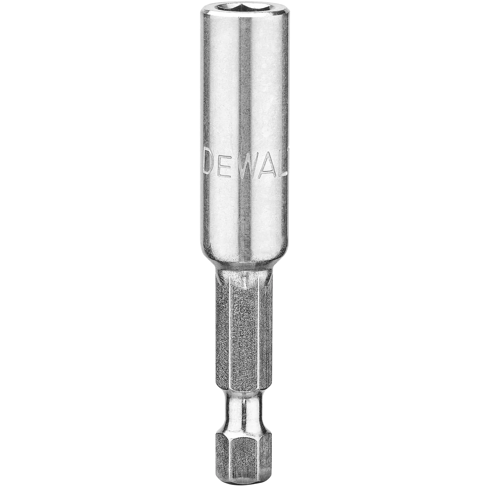 A close-up image of a DEWALT hex-shank magnetic nut driver made of metal, used for fastening nuts and bolts.