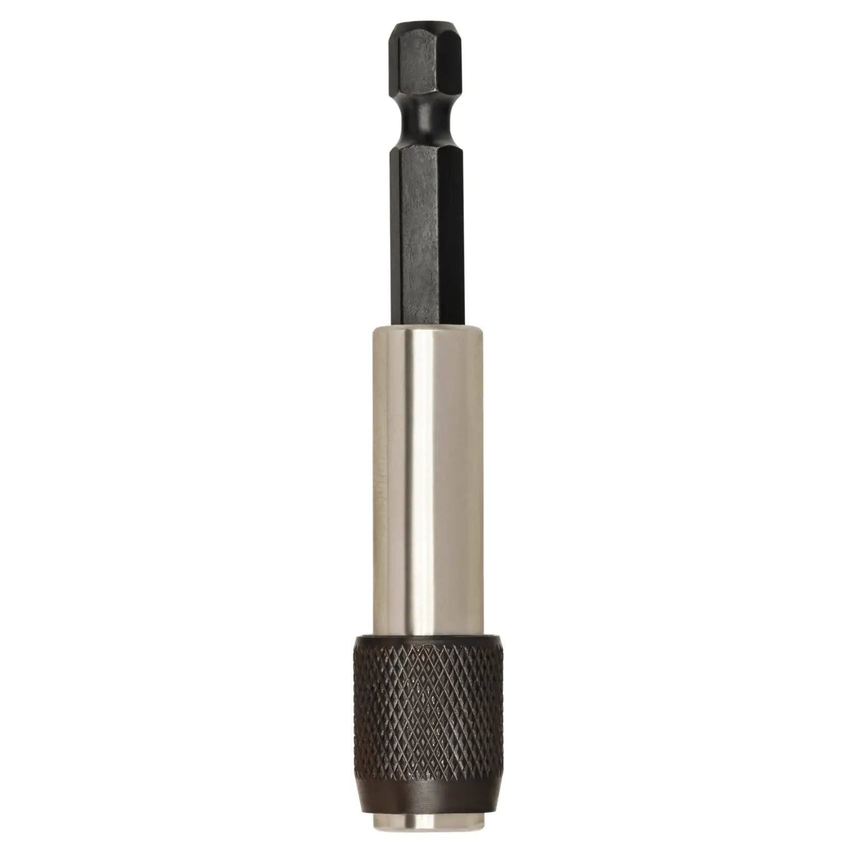 A close-up view of a DEWALT magnetic bit holder with a knurled grip, designed for use with power drills and screwdrivers.