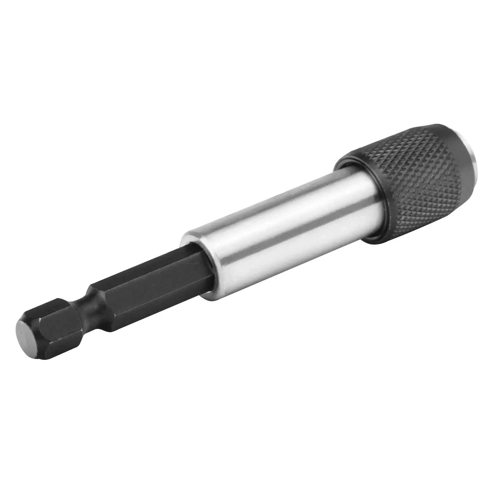 A close-up image of a DEWALT magnetic bit holder for drill or screwdriver use, featuring a metal shaft and knurled grip.