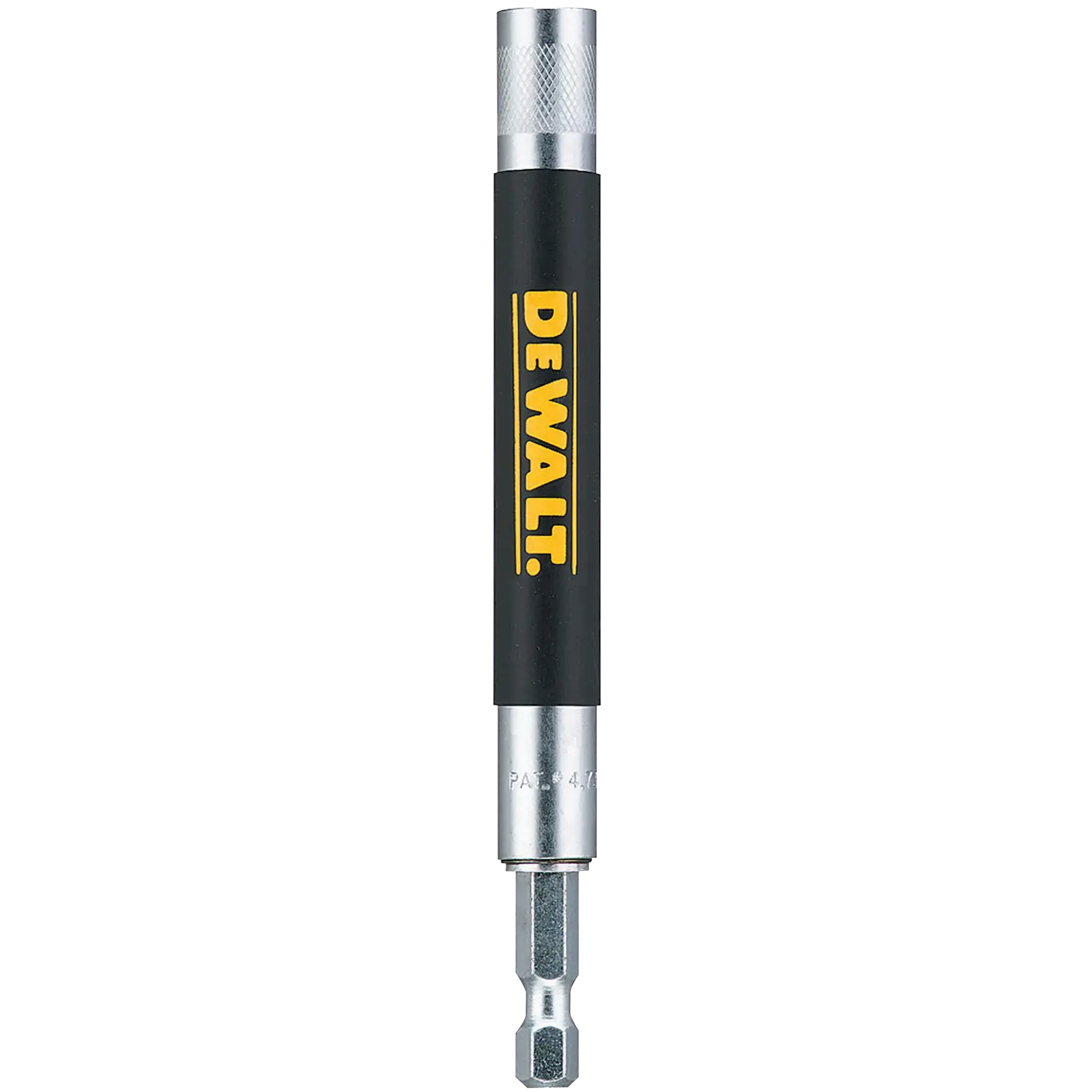 A DEWALT magnetic bit holder with a black and silver cylindrical design, used for holding screwdriver bits during drilling or driving tasks.