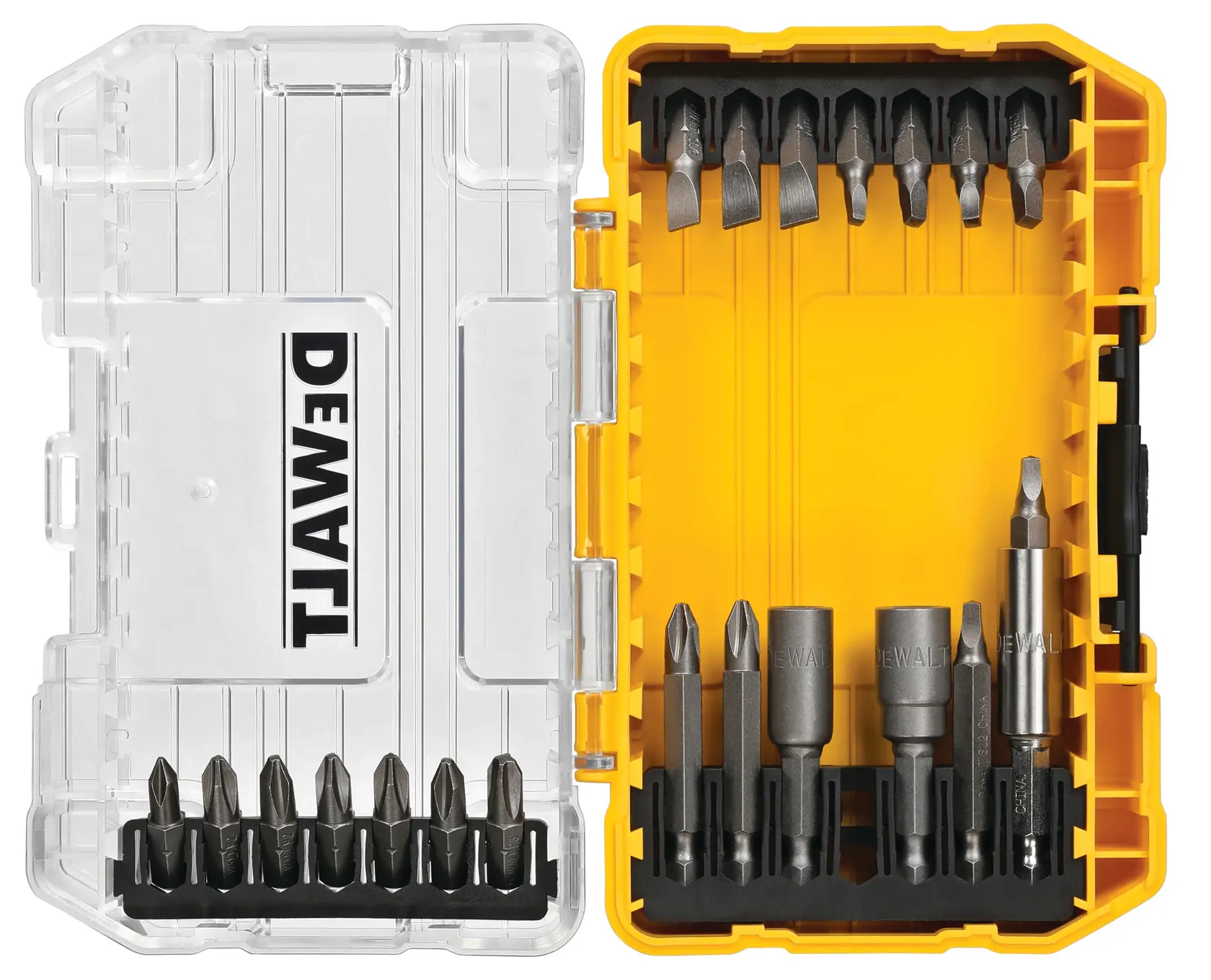 A DEWALT-branded transparent and yellow plastic case containing a set of assorted screwdriver bits and drill accessories, organized in rows.
