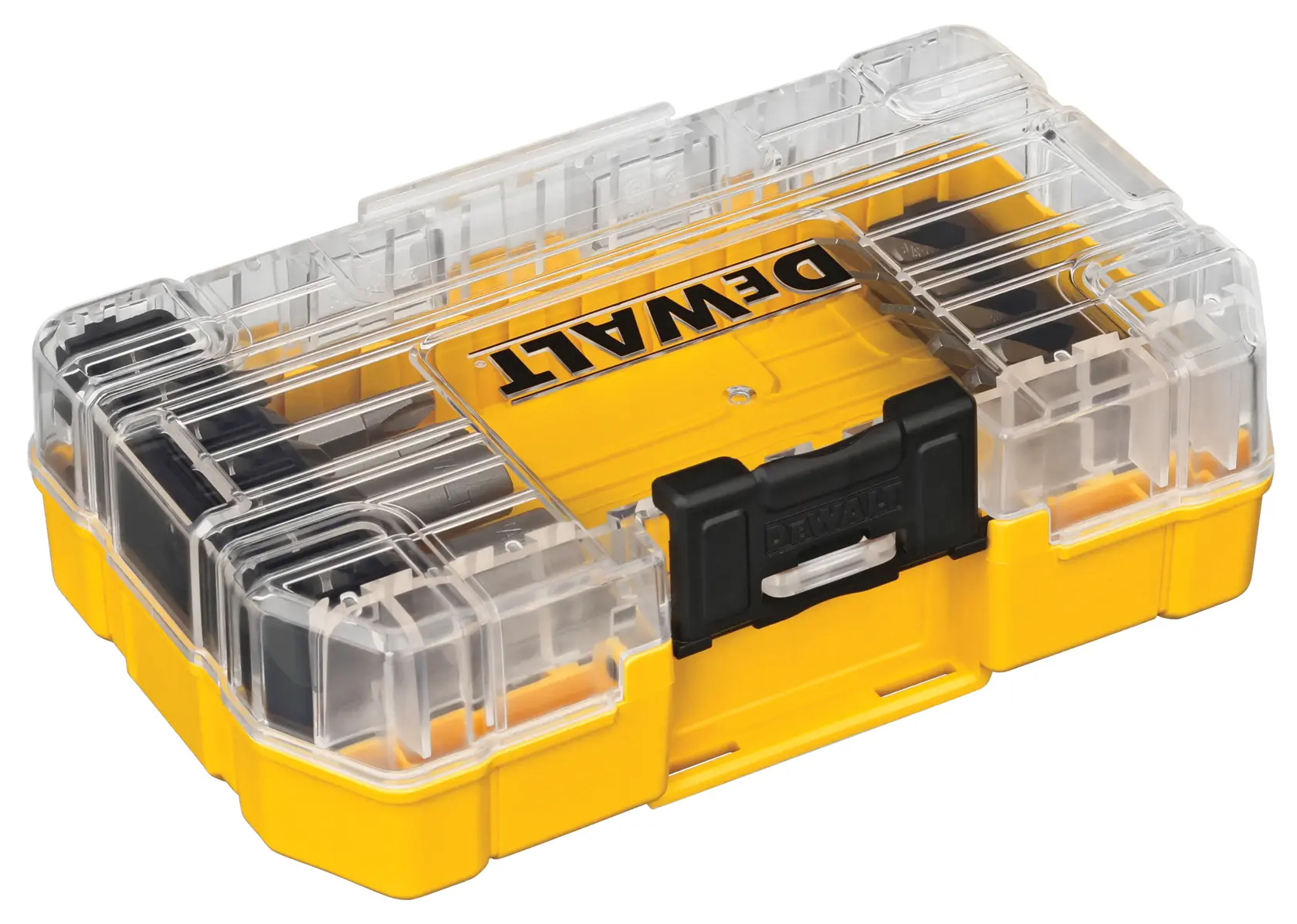 A yellow and black DEWALT storage case with a clear plastic lid and multiple compartments, used for organizing small tools or accessories.