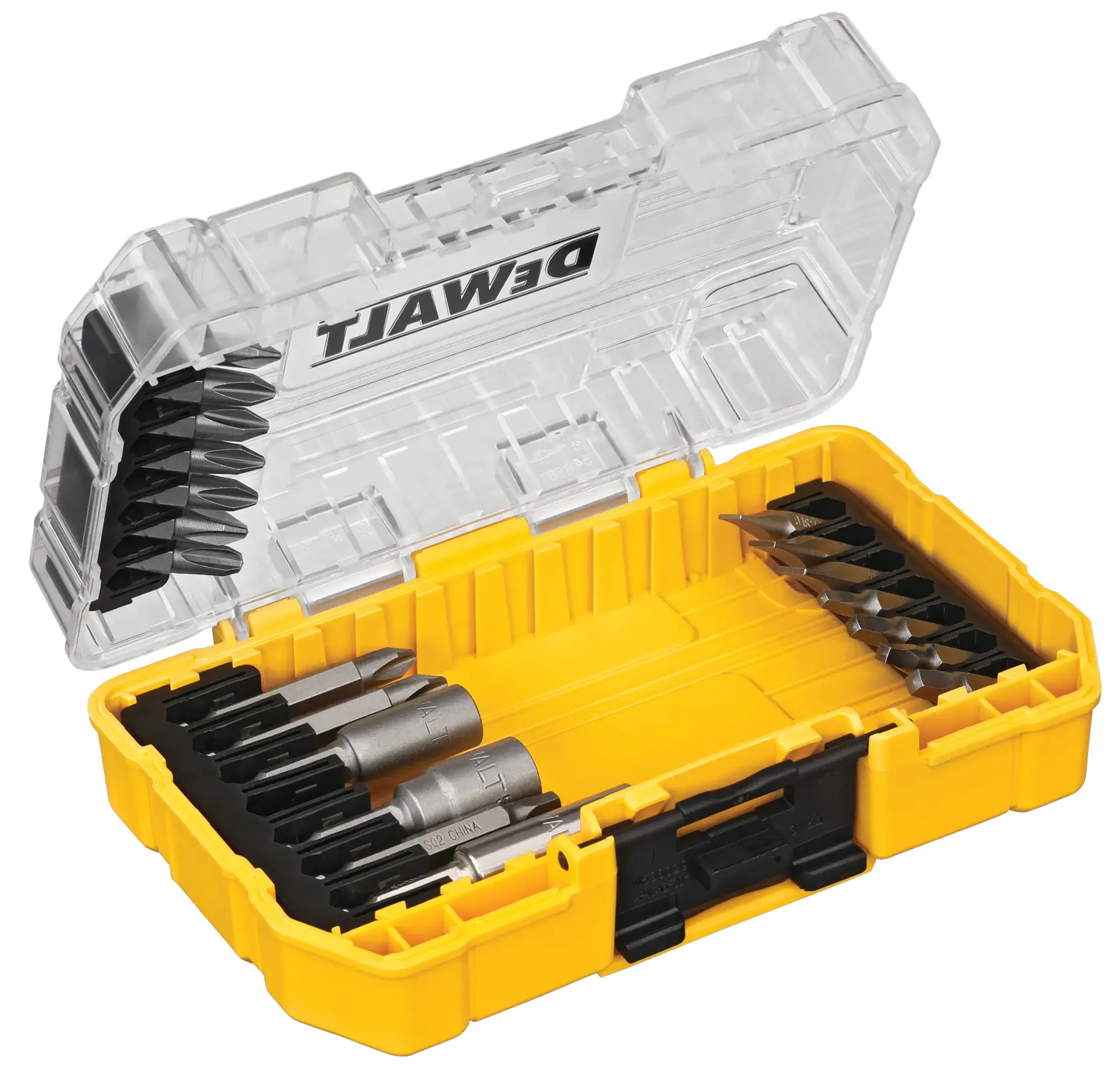 A DEWALT branded yellow and transparent plastic case containing an assortment of metal screwdriver bits in various shapes and sizes.