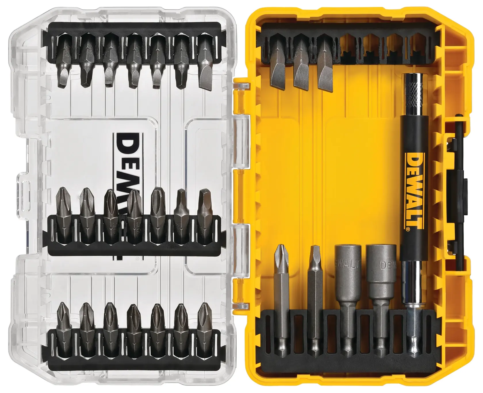 A DEWALT branded bit set in a yellow and transparent plastic case, containing multiple screwdriver bits and attachments organized in slots.