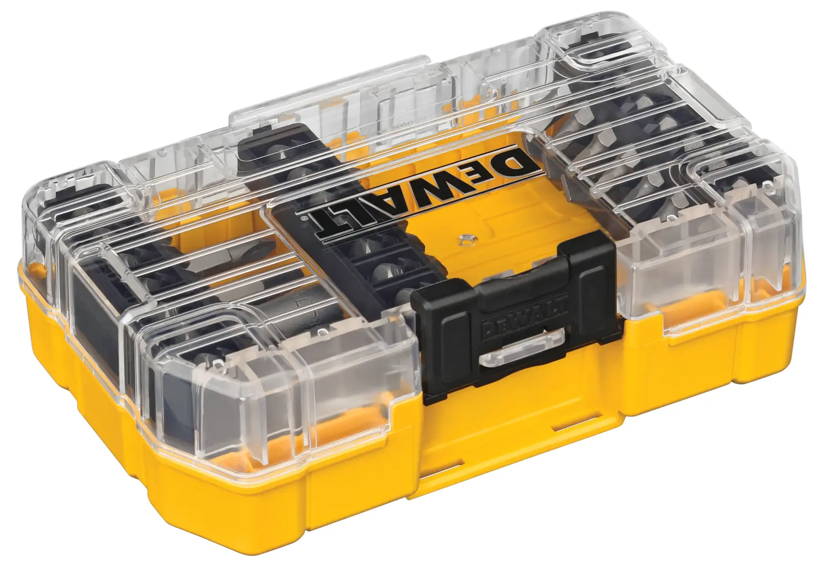 A yellow and black DEWALT plastic storage case with a transparent lid, used for organizing and storing parts or accessories.