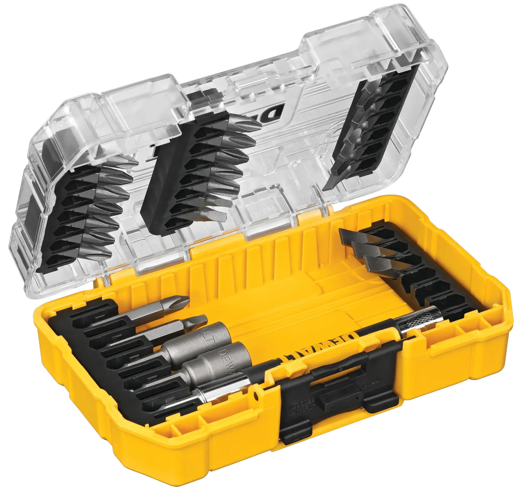 A yellow plastic DEWALT tool case with a clear lid containing various screwdriver bits and attachments neatly organized inside.
