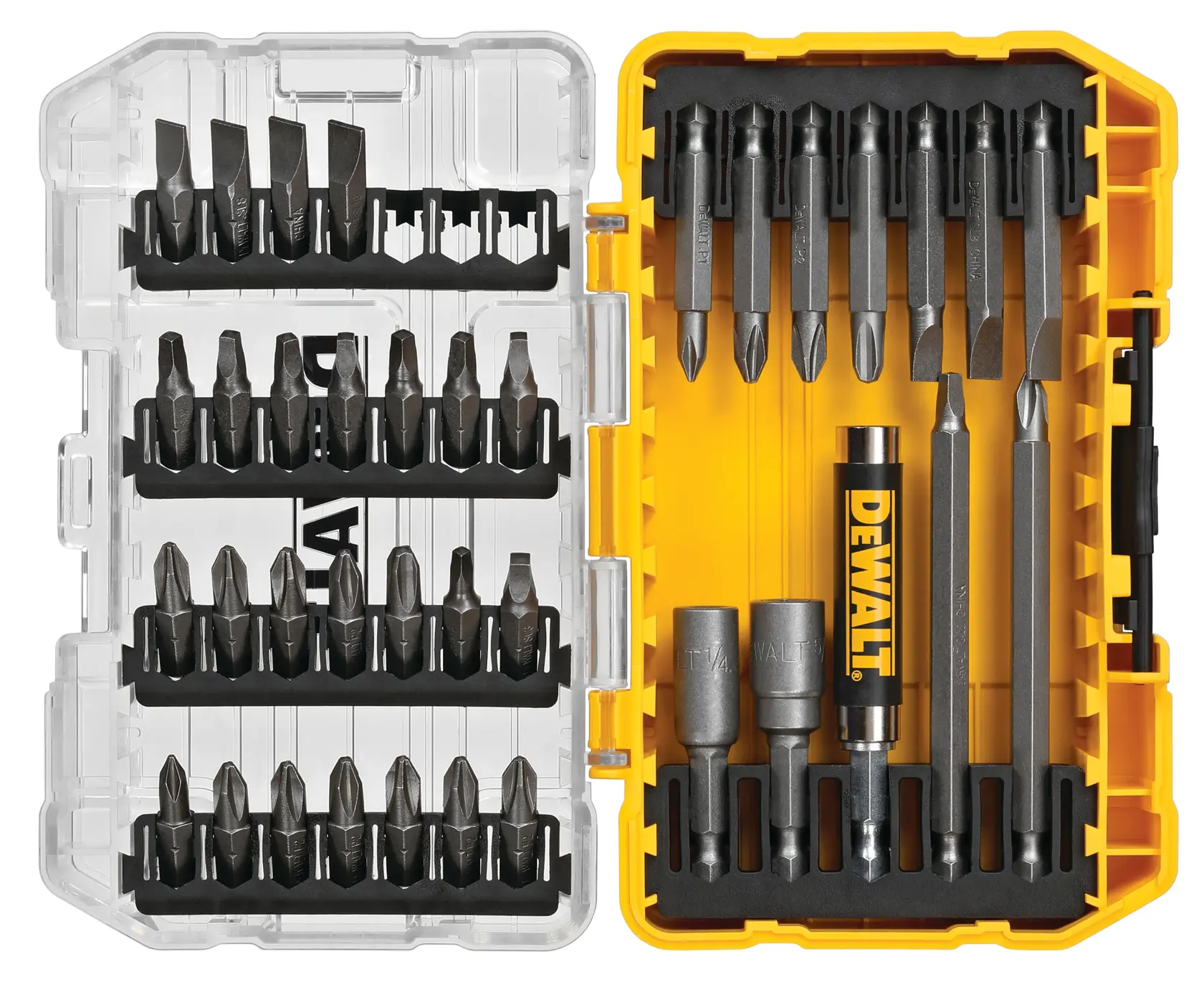 A DEWALT DW2163 screwdriver bit set in a yellow and transparent plastic storage case, containing various sizes and shapes of metal bits organized neatly in rows.