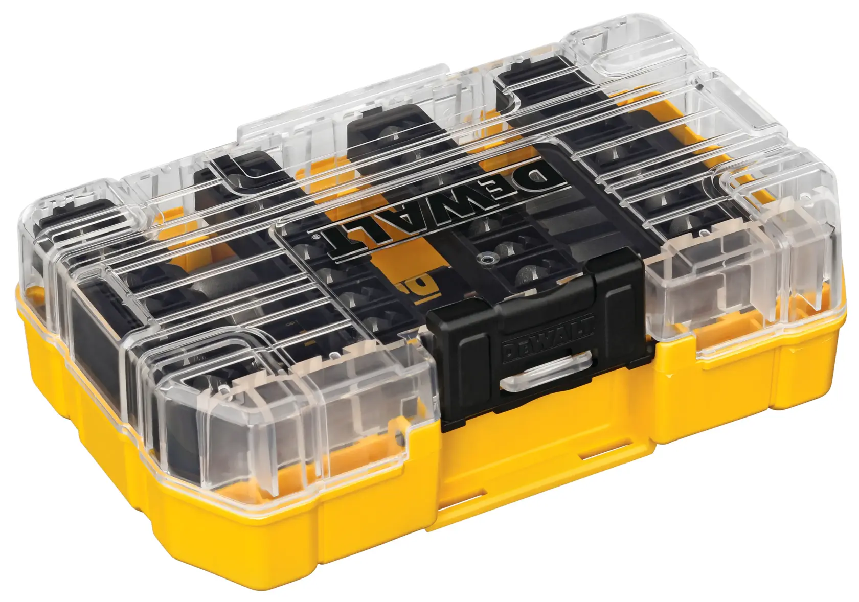 A yellow and black DEWALT plastic storage case with a transparent lid, designed to organize and hold small tools or accessories.