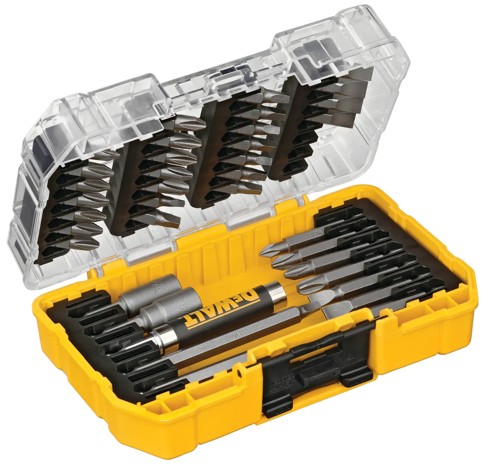 A yellow and black DEWALT branded plastic case containing a collection of screwdriver bits and attachments, displayed with the lid open. The case features organized slots for various bit types and sizes. The lid is transparent, showing bits secured inside.