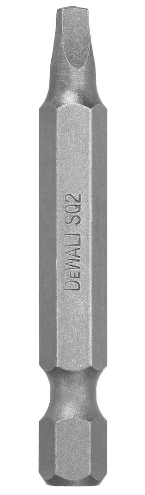 A DEWALT SQ2 square screwdriver bit with a hexagonal shank, shown vertically against a white background.