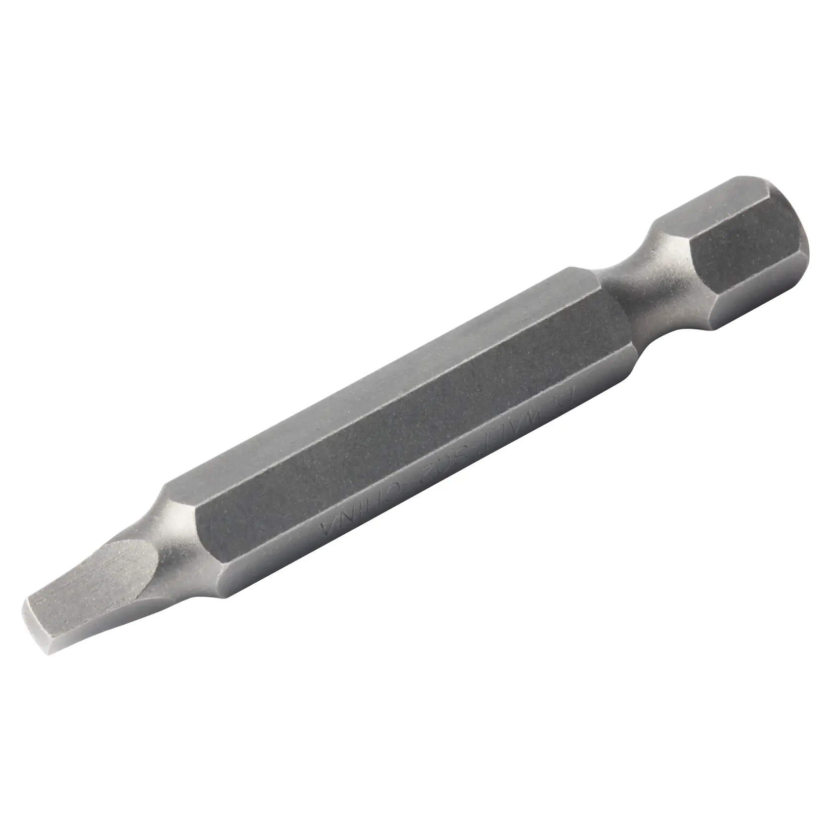 A close-up image of a DEWALT flathead screwdriver bit with a hexagonal shank, designed for use with power drills or screwdrivers.