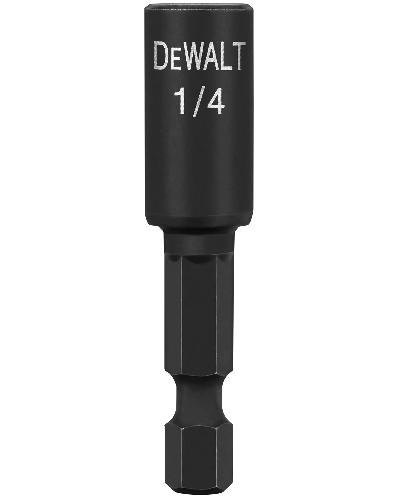 A DEWALT branded 1/4 inch impact ready nut driver with a black finish, designed for use with power tools.
