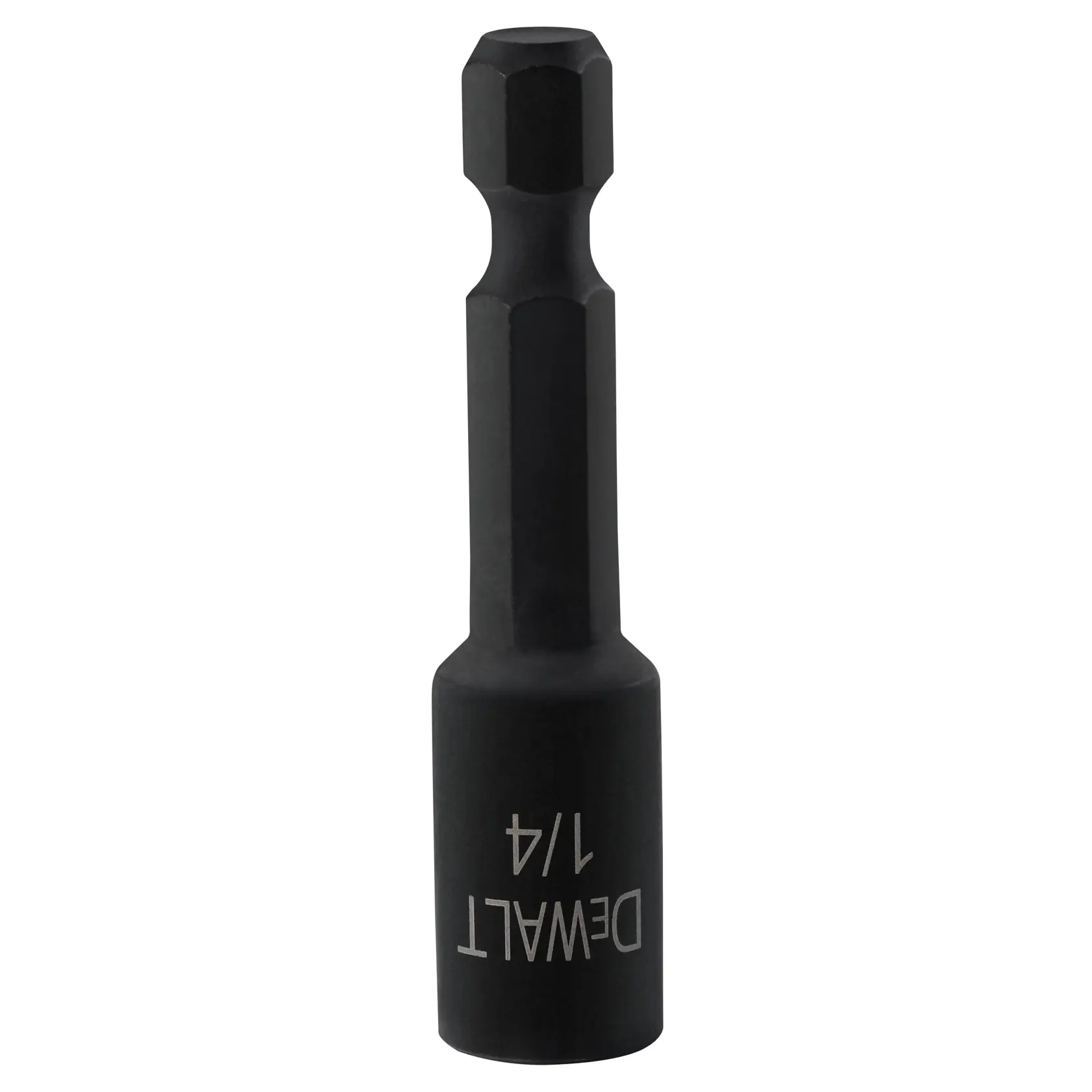 A DEWALT branded 1/4 inch hex impact socket adapter in black, shown against a white background.