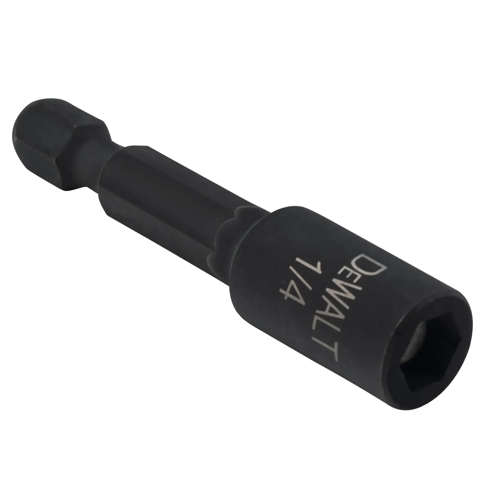 A close-up image of a DEWALT 1/4 inch hex magnetic nut driver, used as a drill bit accessory for fastening nuts and bolts.