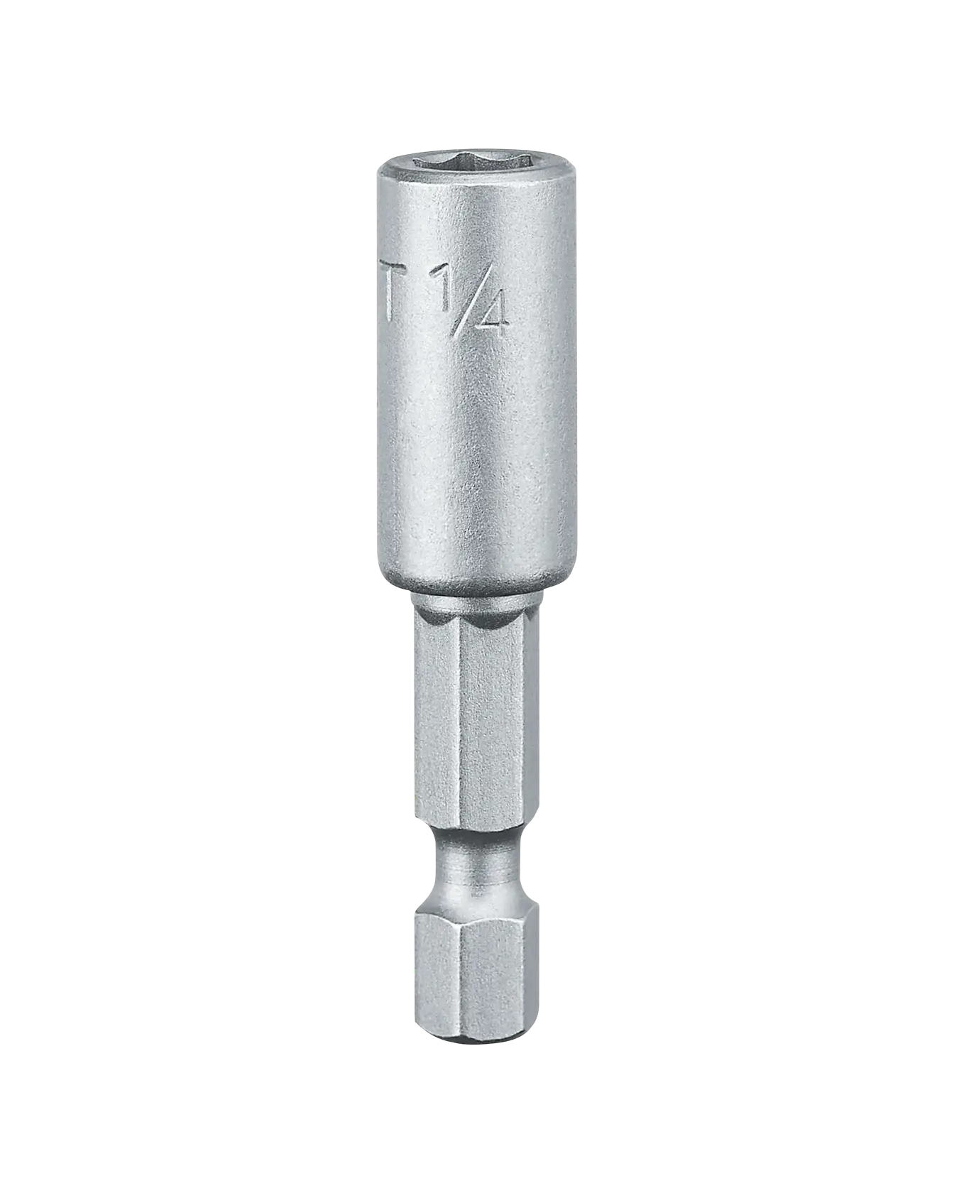 A close-up image of a DEWALT 1/4 inch magnetic nut driver, designed for use with power drills and drivers. The tool is metallic, and features a hexagonal shank and socket head.