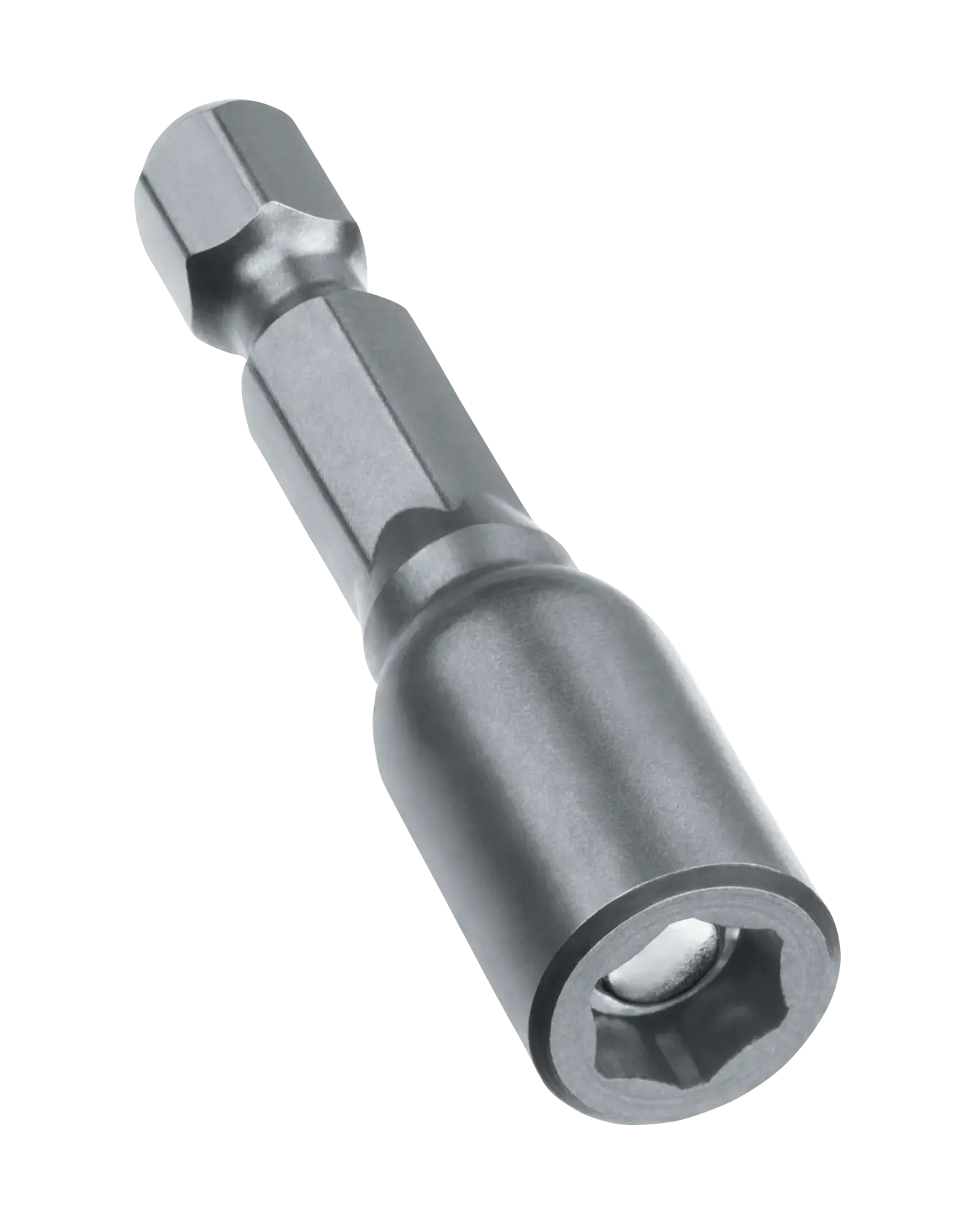 A close-up image of a metallic hexagonal nut driver bit, used for power tools, shown on a white background.