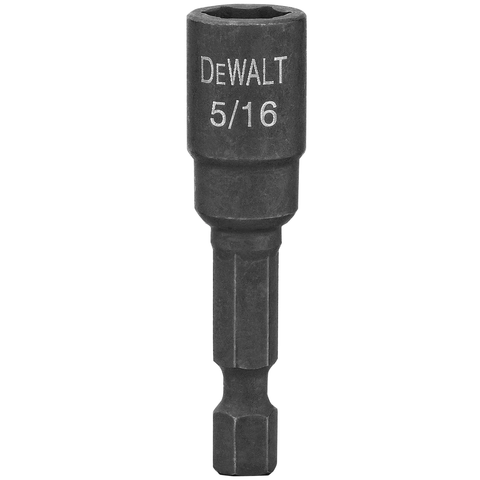 A DEWALT branded 5/16 inch hex nut driver bit designed for use with power tools, shown against a white background.