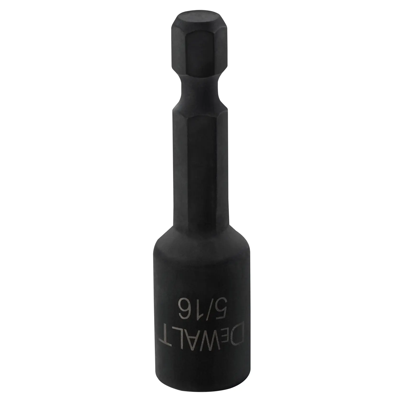 A DEWALT 5/16 inch impact-ready hex shank nut driver, black in color, shown against a white background.