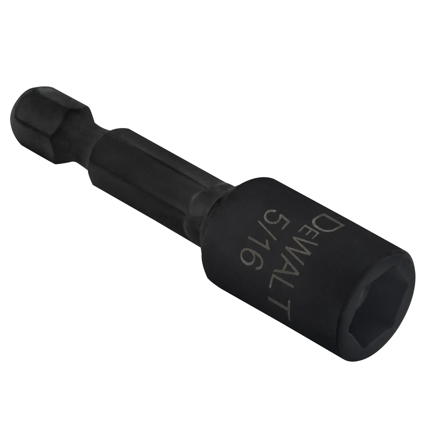 A close-up image of a DEWALT 5/16 inch hexagonal nut driver bit, designed for use with power tools.