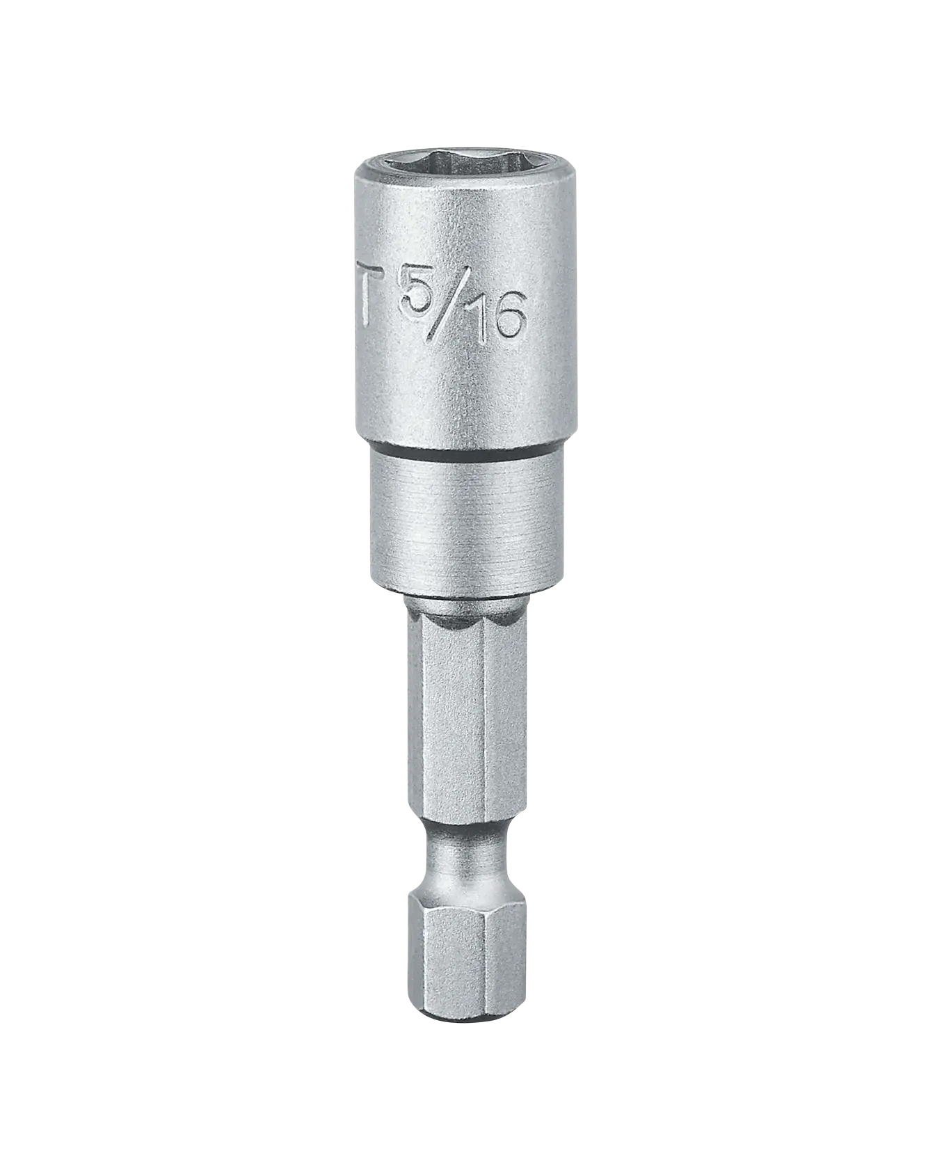 A close-up image of a DEWALT 5/16-inch magnetic nut driver with a hex shank. The silver tool is designed for use with power drills and screwdrivers.