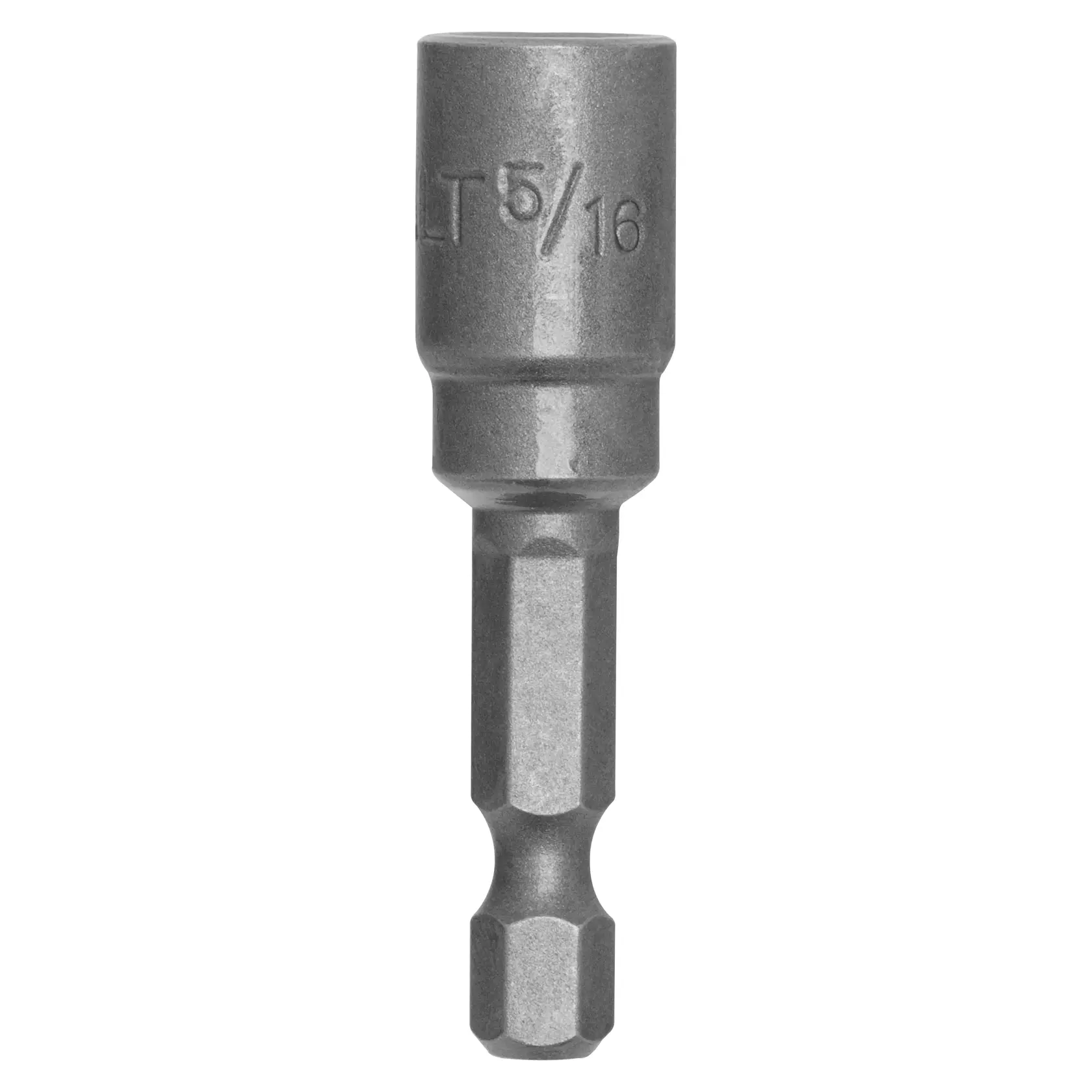 A metal 5/16 inch hex shank nut driver bit, used for driving nuts and bolts with power tools.