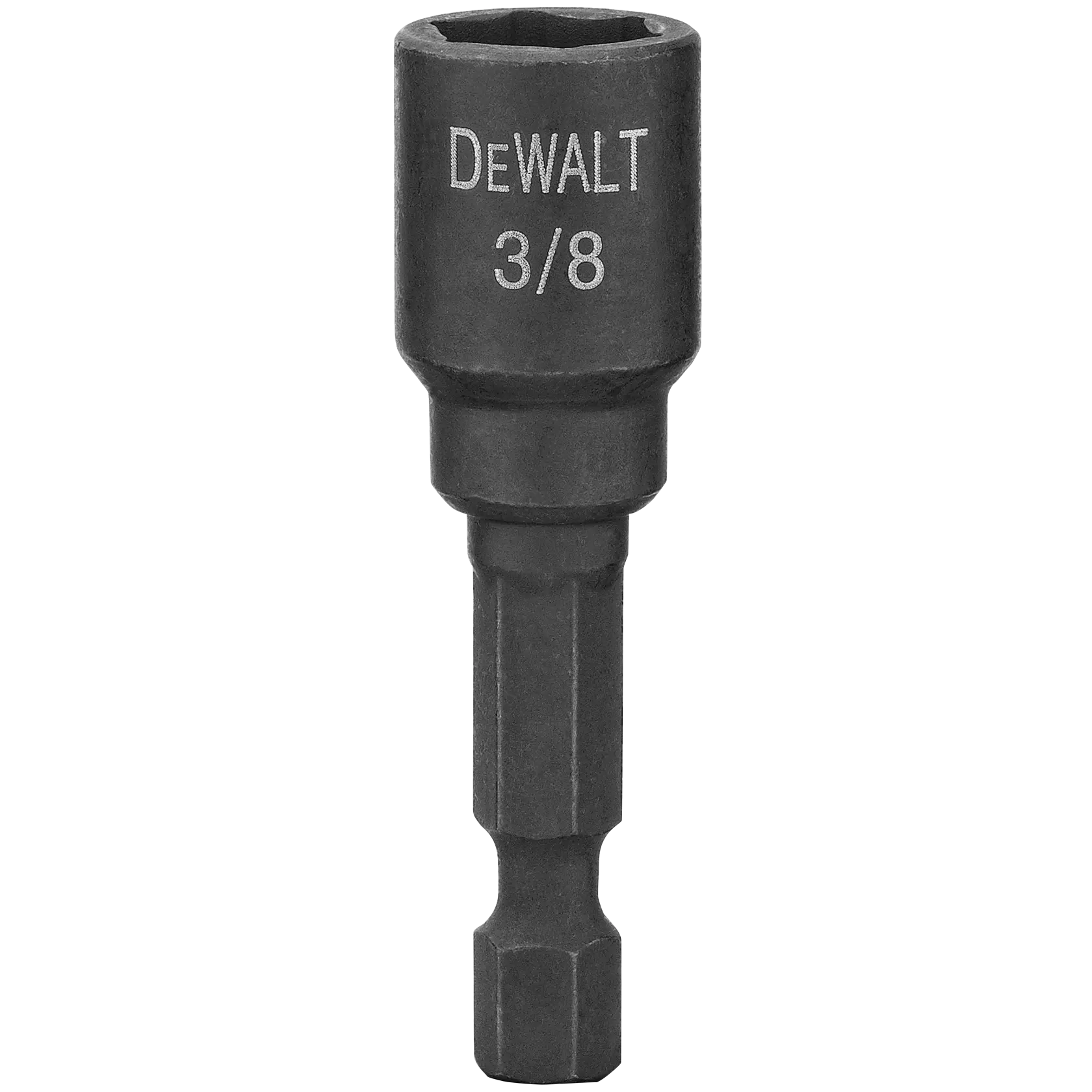 A DEWALT branded 3/8 inch magnetic nut driver bit, designed for use with power tools.