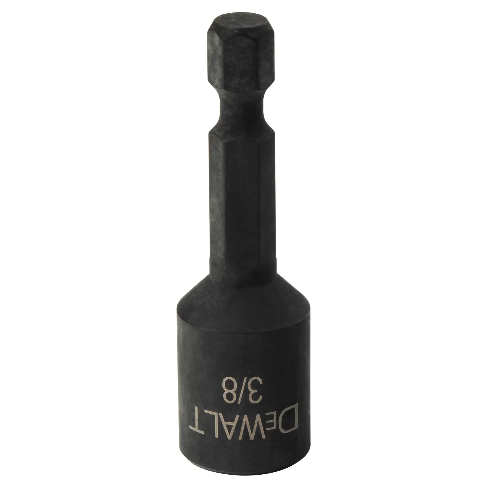 A DEWALT 3/8 inch impact ready socket adapter, made of black metal and designed for use with power tools.