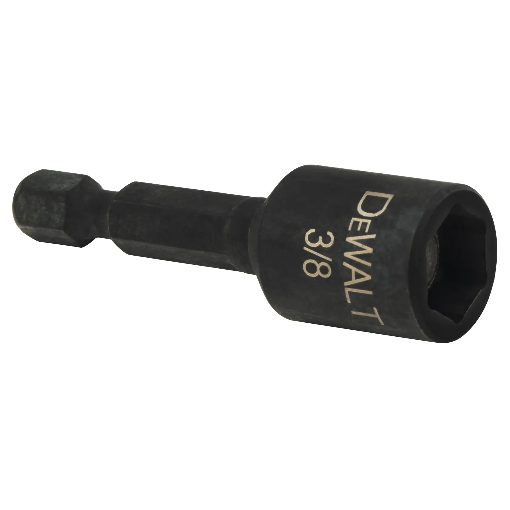 A DEWALT branded 3/8 inch impact ready socket adapter with a hex shank, shown against a white background.