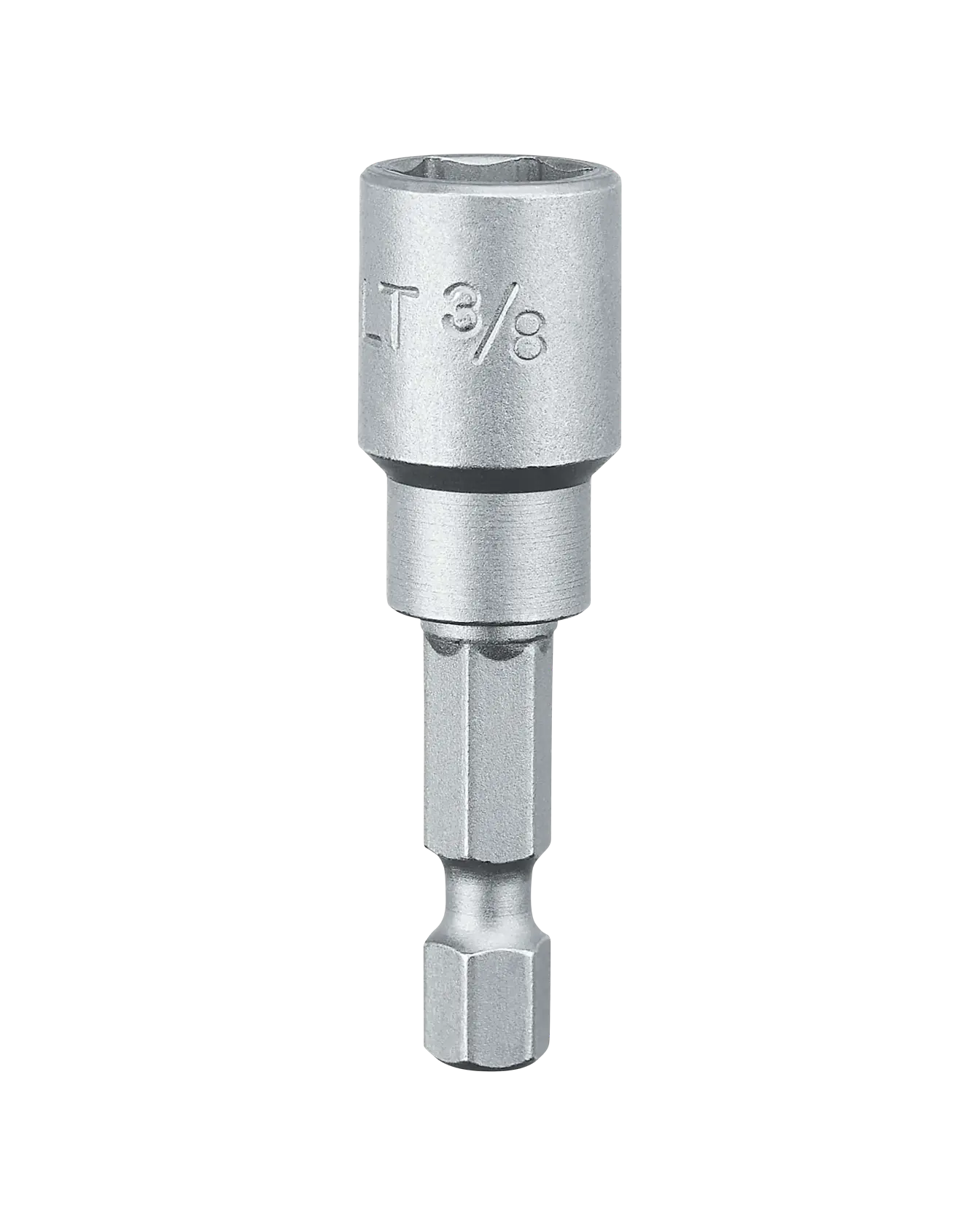 A DEWALT 3/8-inch hex shank socket adapter, made of metal, commonly used for connecting sockets to power tools.