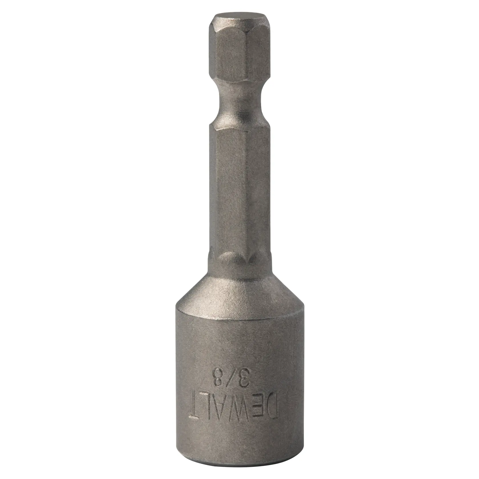 A DEWALT 3/8 inch hex magnetic nut driver, made of metal, shown upright on a white background.